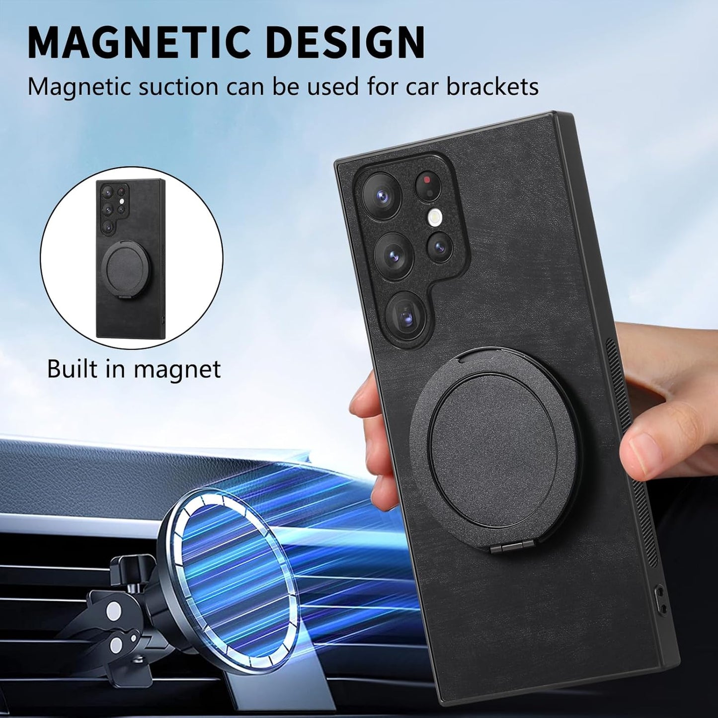 iTape Retro magnetic mobile phone case for Samsung Galaxy S25 Ultra, wireless charging magnetic car mount, round ring 360% rotating mount Green