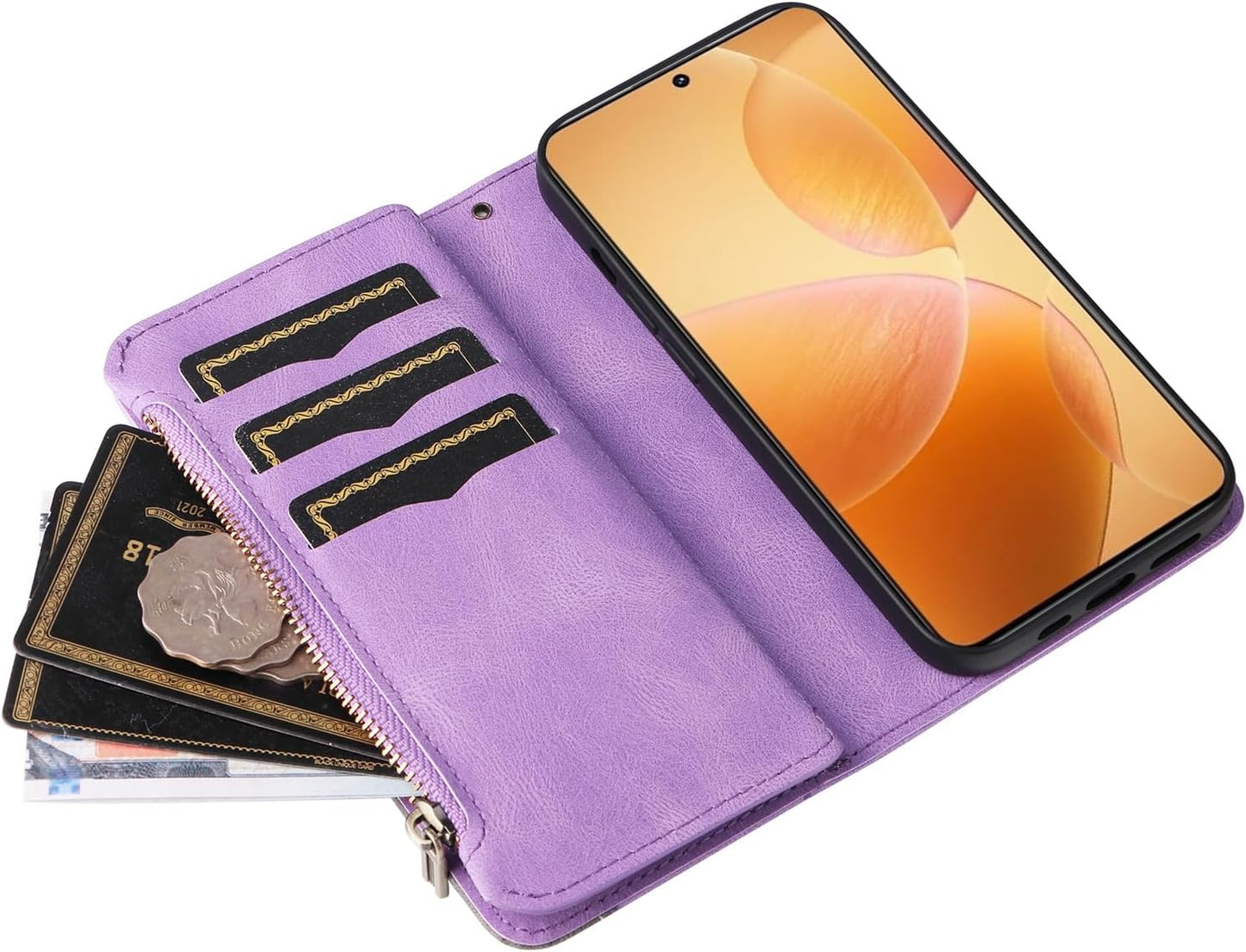 iTape 9 Card Slots Phone Case for Xiaomi POCO X6 PRO 5G, Zipper Wallet, Dual Color Stitching Color Flip Stand Card Slots Cash Clip Shockproof, Wrist Strap Black
