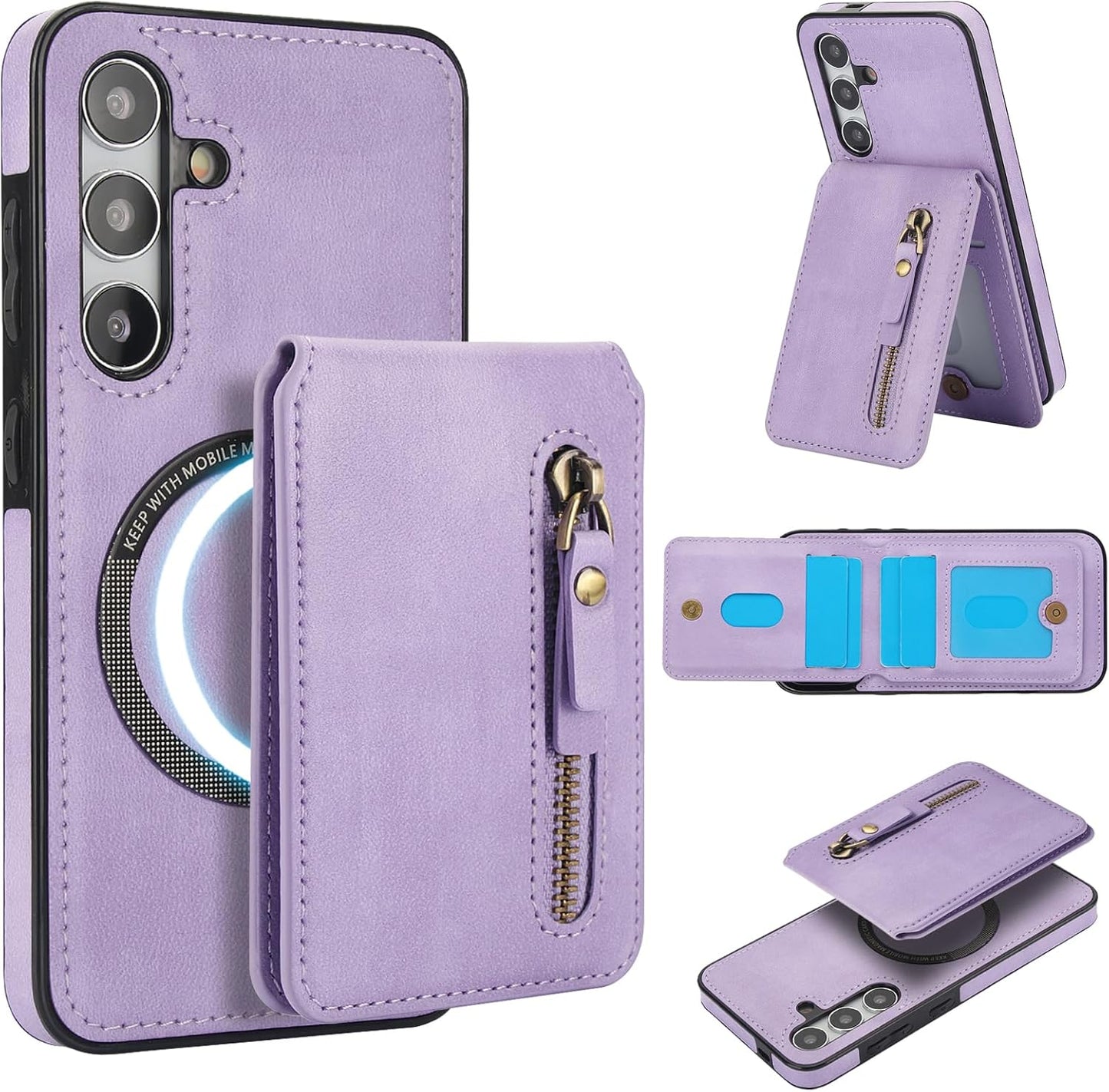 iTape Magnetic card holder phone case suitable for Samsung Galaxy S24+, zipper magnetic split magnetic wallet with adjustable bracket Blue