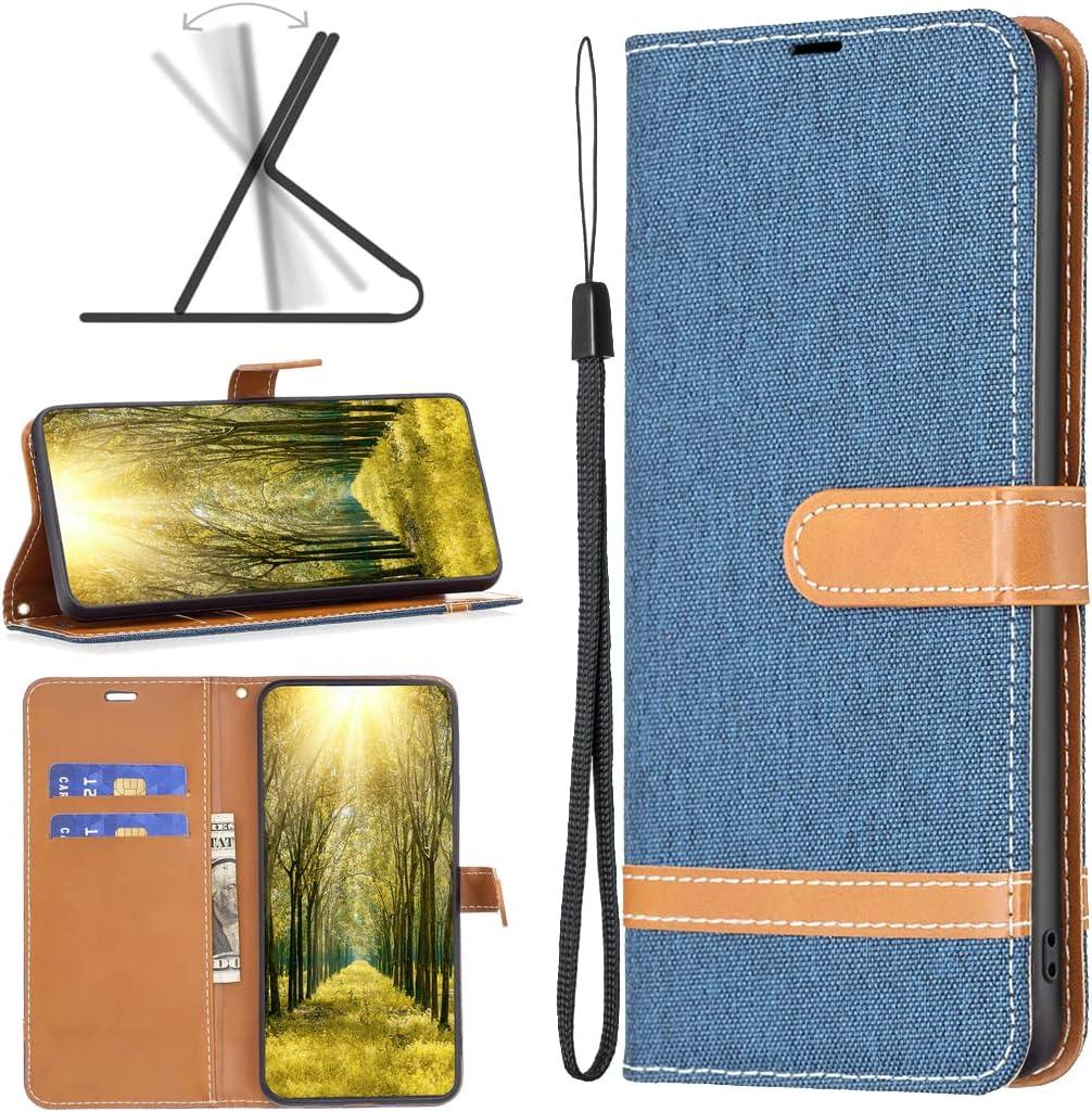 Colorblock Denim Wallet Phone Case for iPhone 16E, Wallet Phone Case Flip Stand, Credit Card Slot Wallet Wrist strap Green