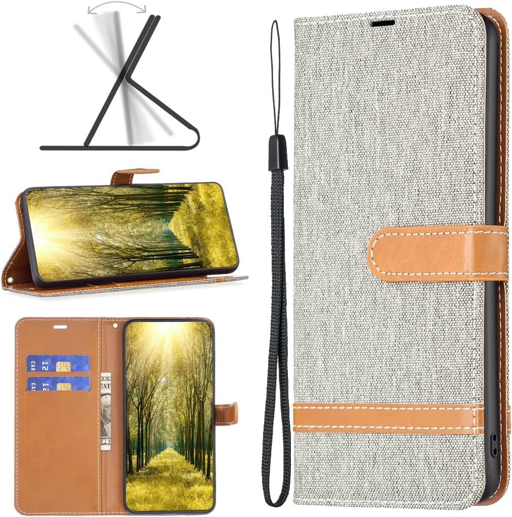 Colorblock Denim Wallet Phone Case for iPhone 16E, Wallet Phone Case Flip Stand, Credit Card Slot Wallet Wrist strap Green