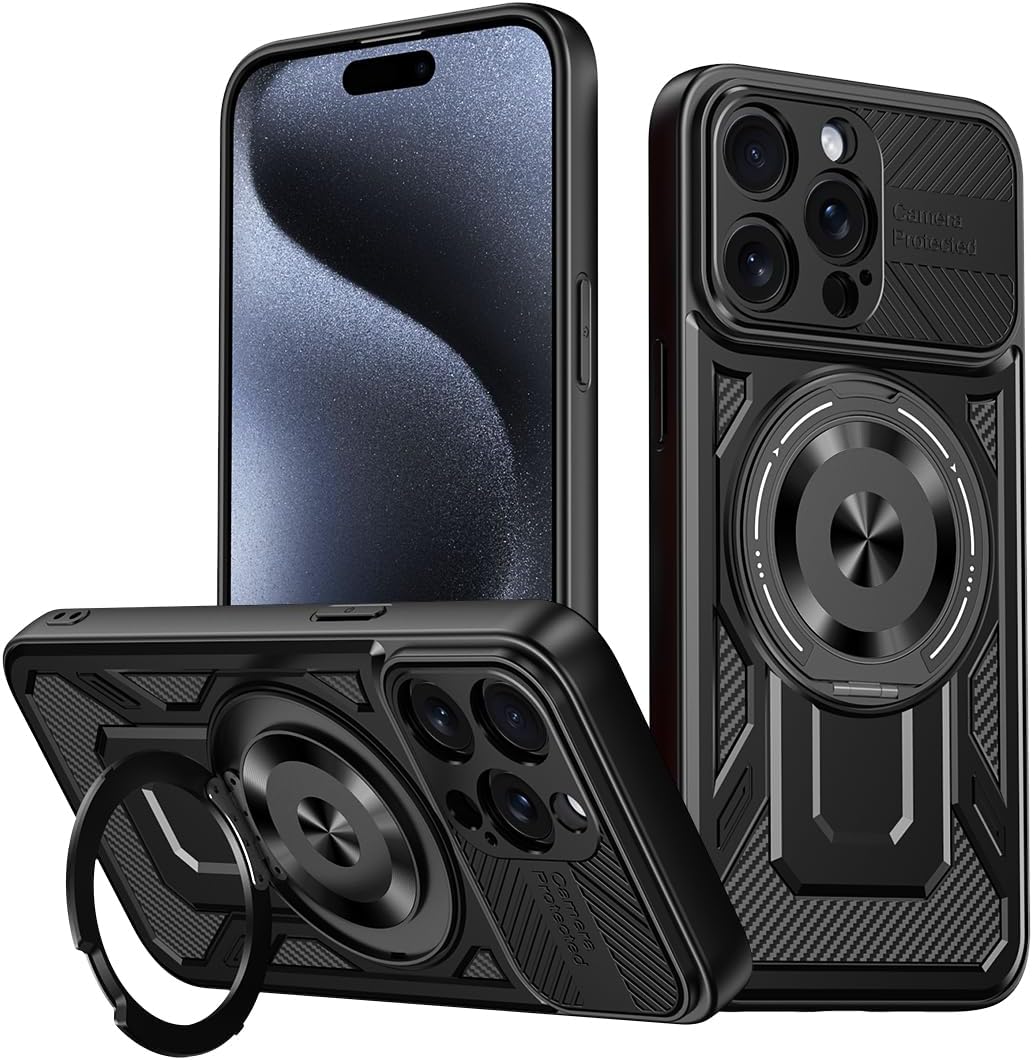 Hard Plated PC Armor Cover for iPhone 15 Pro max with 360° Rotating Metal Ring Strong Magnetic Car Mount Phone Case Support wireless charging Gray