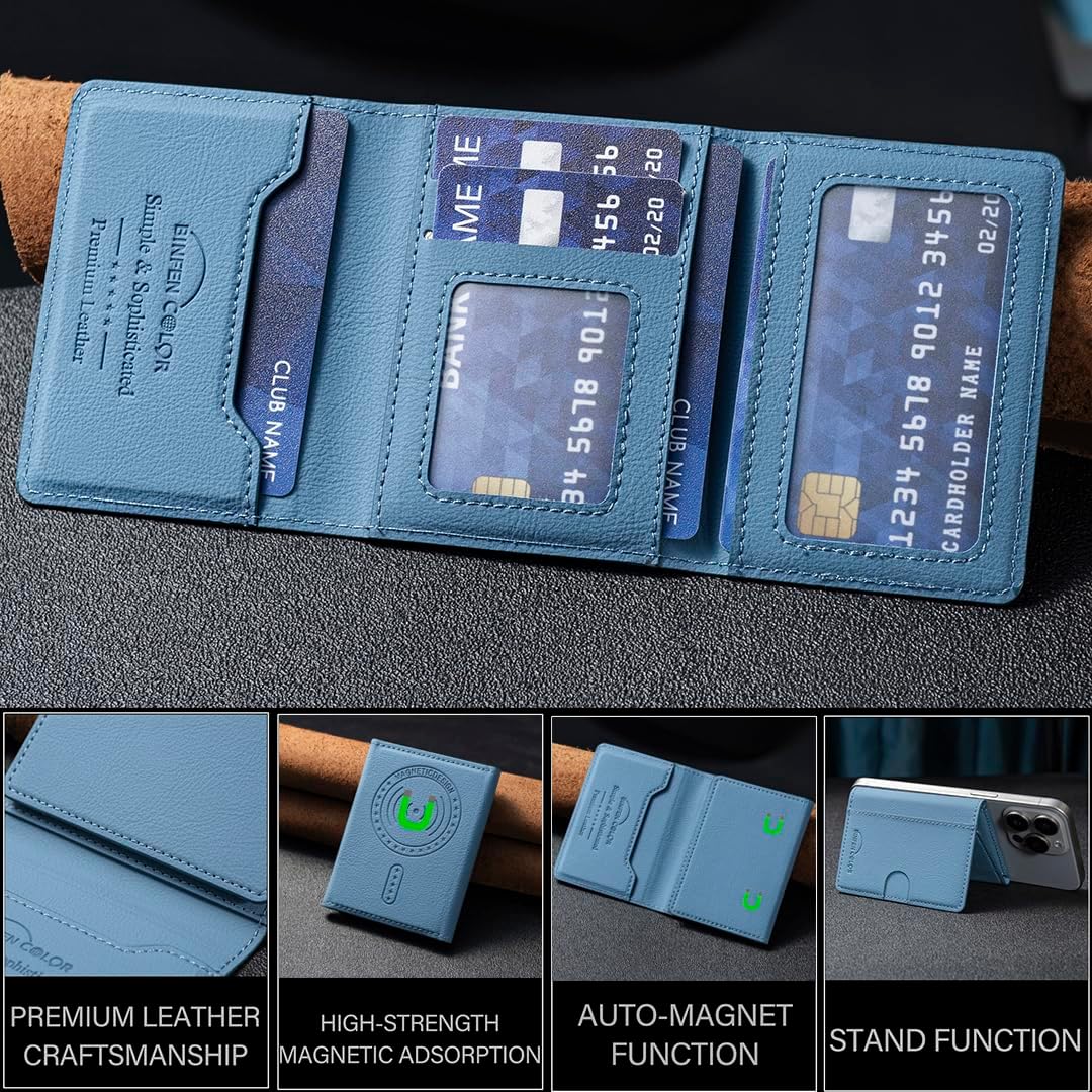 iTape Leather Magnetic Phone Wallet Compatible with Various Phone Models Android and iOS, Solid Color Magnetic Card Holder Ultra-thin Trifold Wallet Card Holder Flip Stand Red