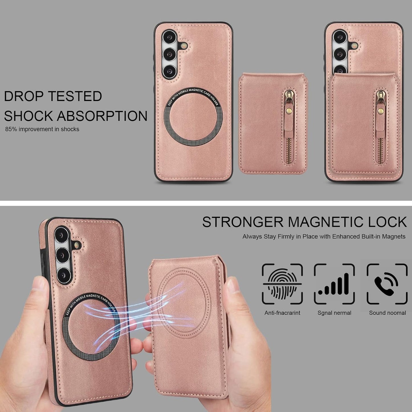 iTape Magnetic card holder phone case suitable for Samsung Galaxy S24+, zipper magnetic split magnetic wallet with adjustable bracket Blue