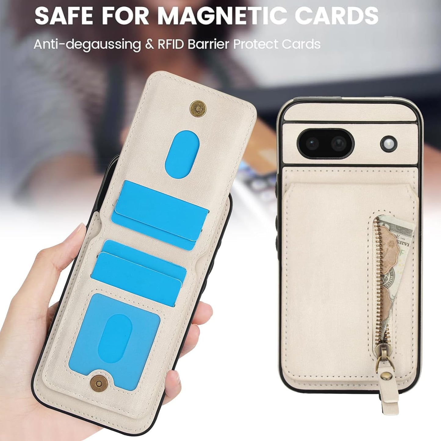iTape Magnetic card holder phone case suitable for Google Pixel 8A, zipper magnetic split magnetic wallet with adjustable bracket Black
