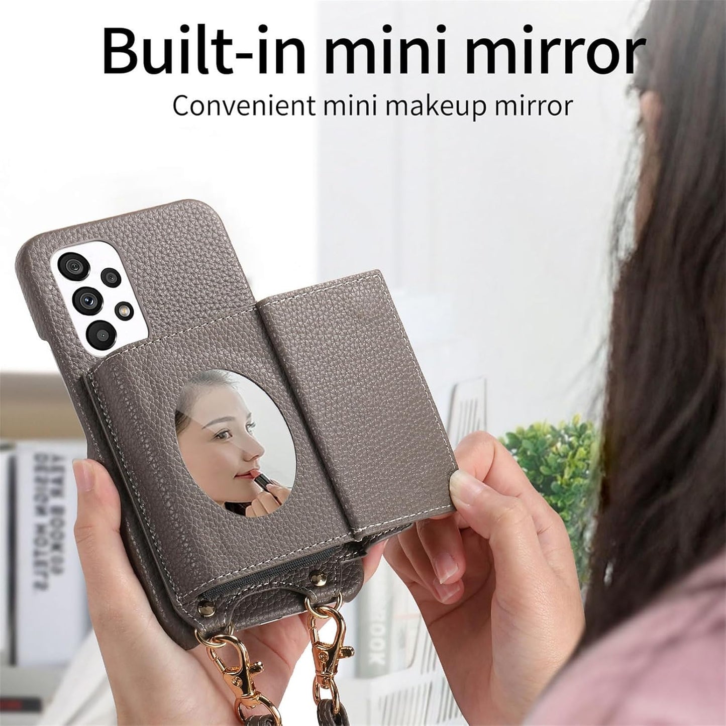 iTape Card Holder Wallet Phone Case for Samsung Galaxy A53 5G, Shockproof Ultra-thin Phone Case, Makeup Mirror with Crossbody Strap Gray