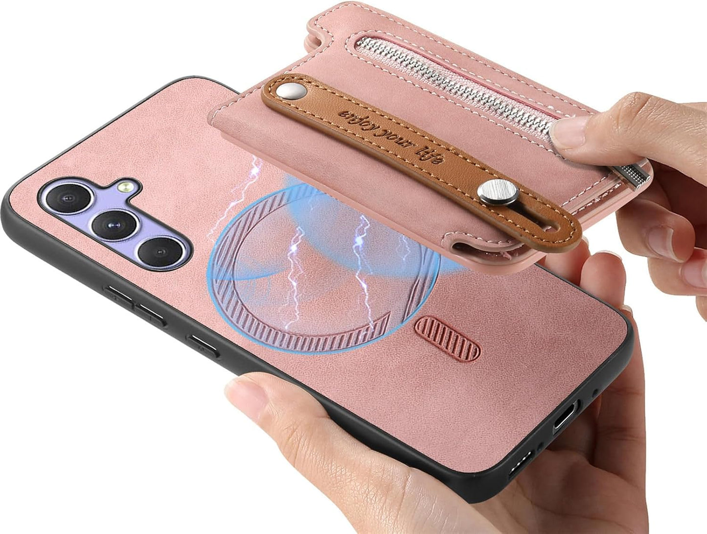 iTape Retro magnetic mobile phone case for Samsung Galaxy S25+, wireless charging magnetic car mount, Card slot, card holder, wrist strap bracket RFID anti-theft card Orange