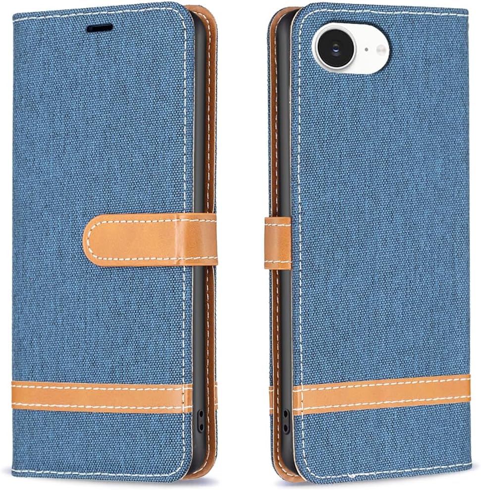 Colorblock Denim Wallet Phone Case for iPhone 16E, Wallet Phone Case Flip Stand, Credit Card Slot Wallet Wrist strap Green