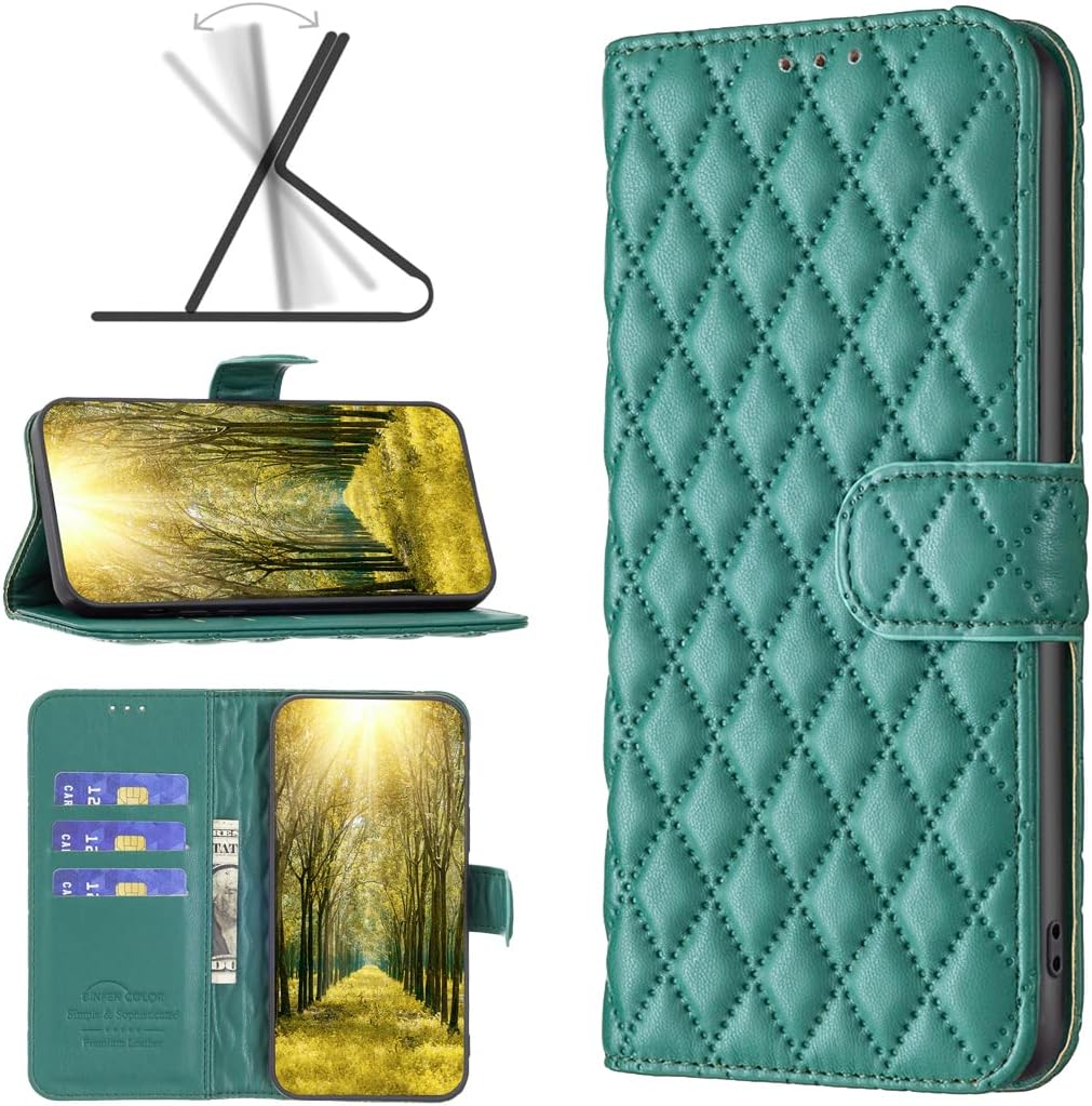 Diamond Wallet Case for iPhone 16E, Magnetic Snap Wallet Case, Flip-Stand for Shockproof Protection Green