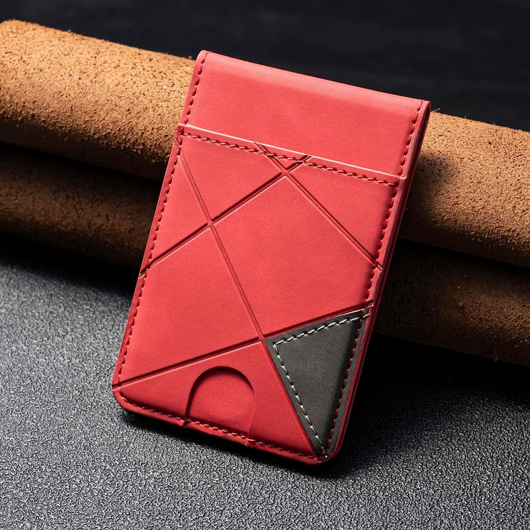 iTape Leather Magnetic Phone Wallet Compatible with Various Phone Models Android and iOS, Magnetic card holder with vertical prism Ultra-thin Trifold Wallet Card Holder Flip Stand Red