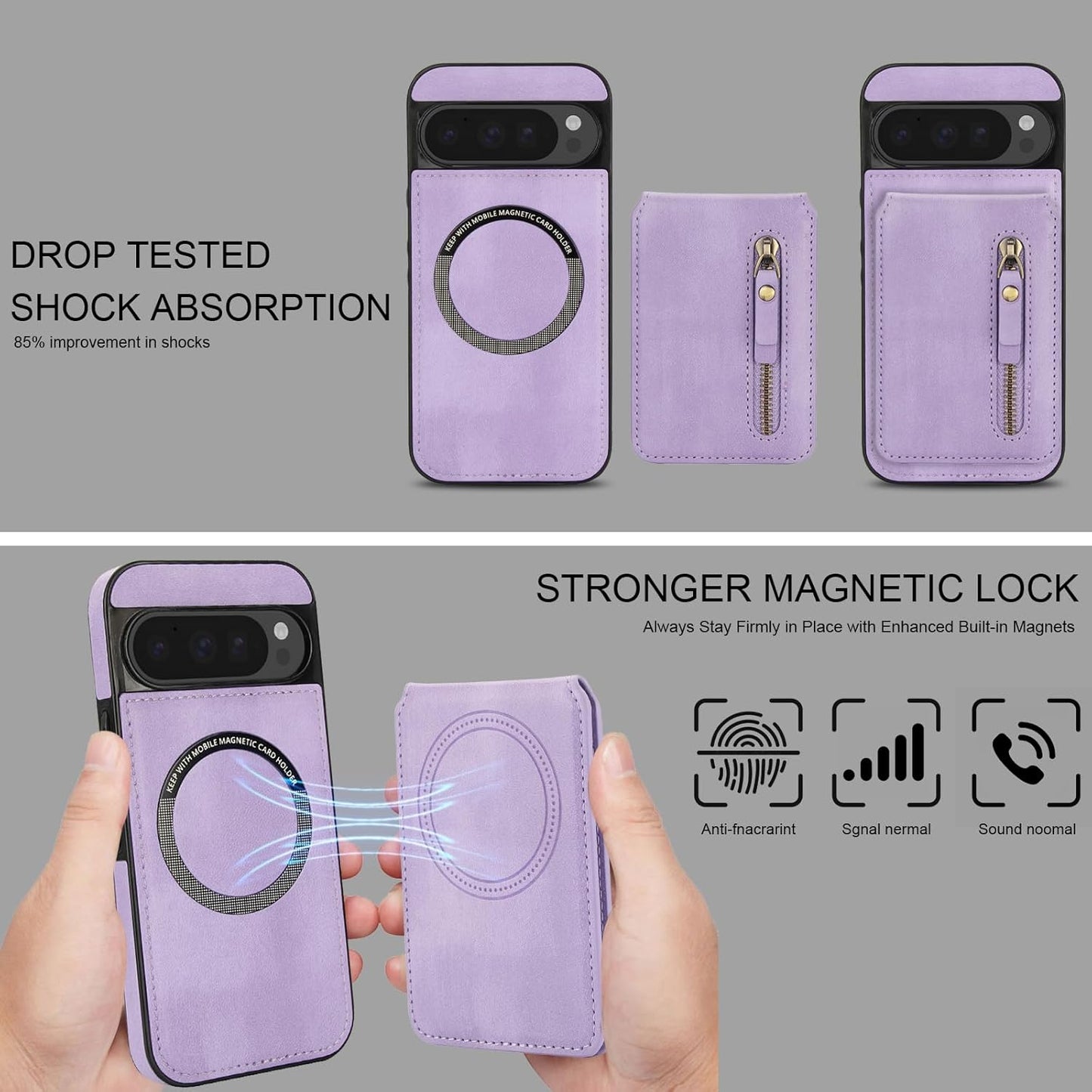 iTape Magnetic card holder phone case suitable for Google Pixel 9, zipper magnetic split magnetic wallet with adjustable bracket Purple