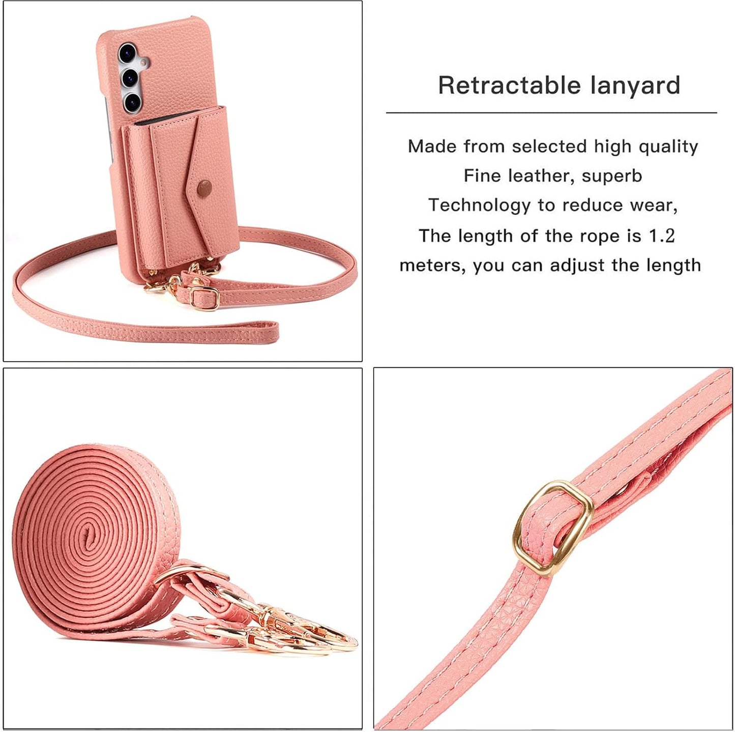 iTape Card Holder Wallet Phone Case for Samsung Galaxy A55, Shockproof Ultra-thin Phone Case, Makeup Mirror with Crossbody Strap Pink