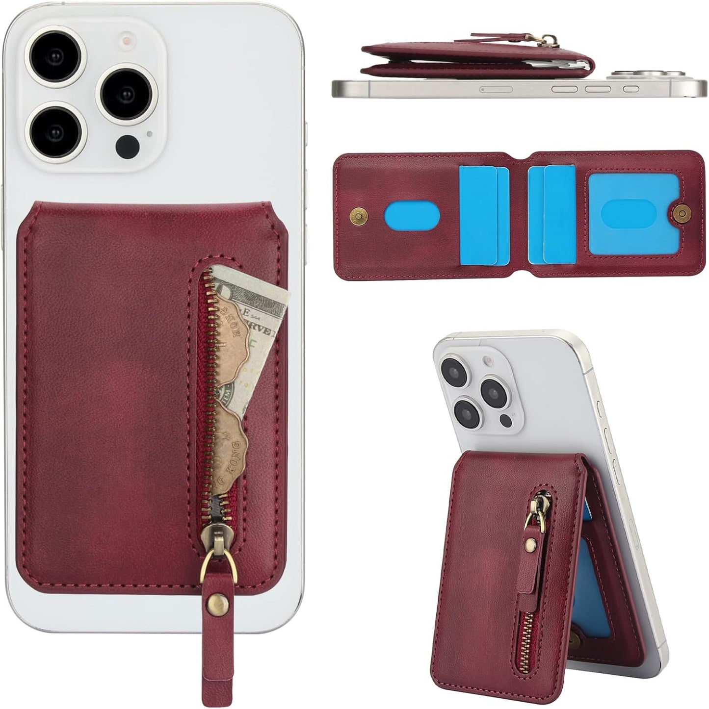 Magnetic card holder phone case suitable for iPhone 16 Pro, zipper magnetic split magnetic wallet with adjustable bracket Brown