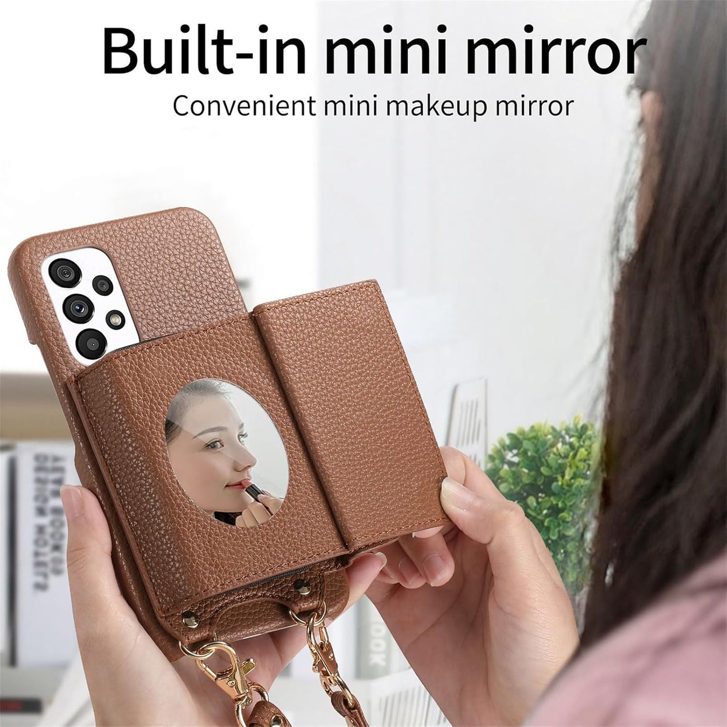 iTape Card Holder Wallet Phone Case for Samsung Galaxy A53 5G, Shockproof Ultra-thin Phone Case, Makeup Mirror with Crossbody Strap Gray
