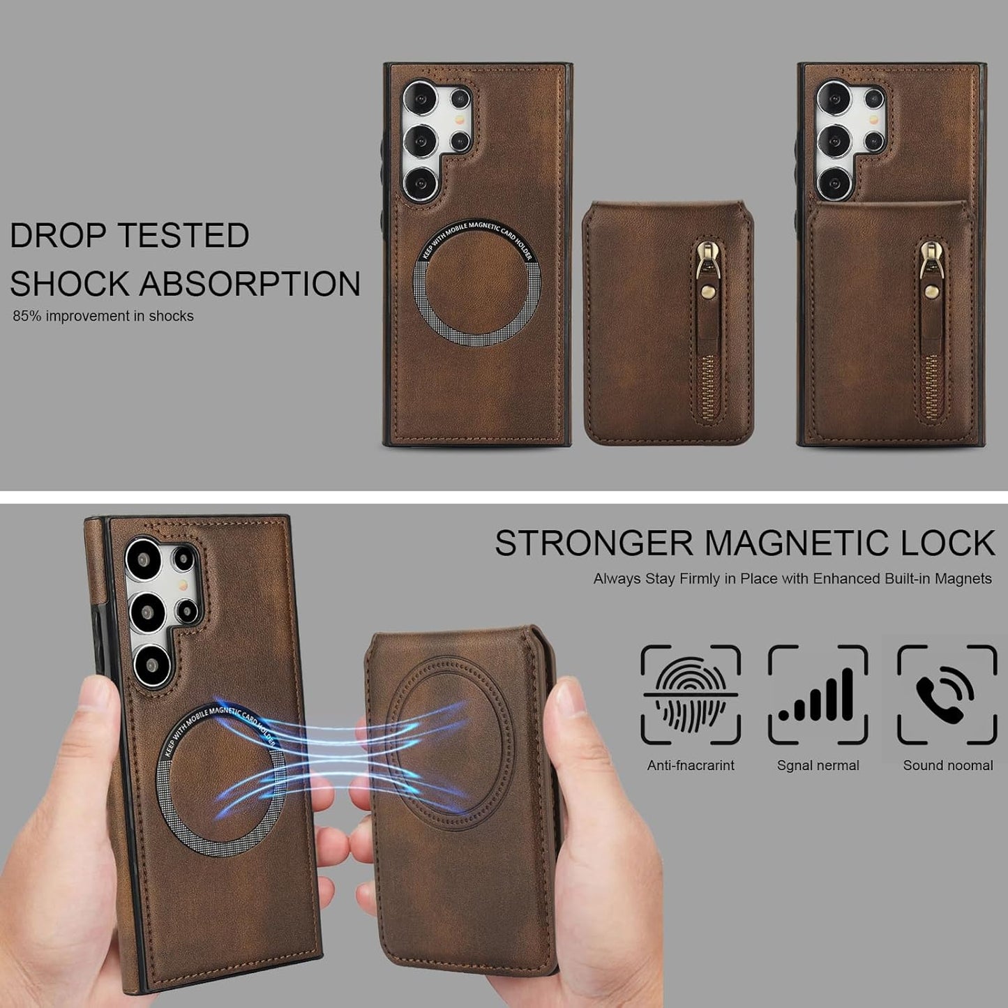 iTape Magnetic Card Holder Phone case Suitable for Samsung Galaxy S24 Ultra, Zipper Magnetic Split Magnetic Wallet with Adjustable Bracket