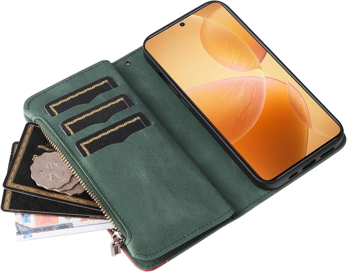 iTape 9 Card Slots Phone Case for Xiaomi POCO X6 PRO 5G, Zipper Wallet, Dual Color Stitching Color Flip Stand Card Slots Cash Clip Shockproof, Wrist Strap Black
