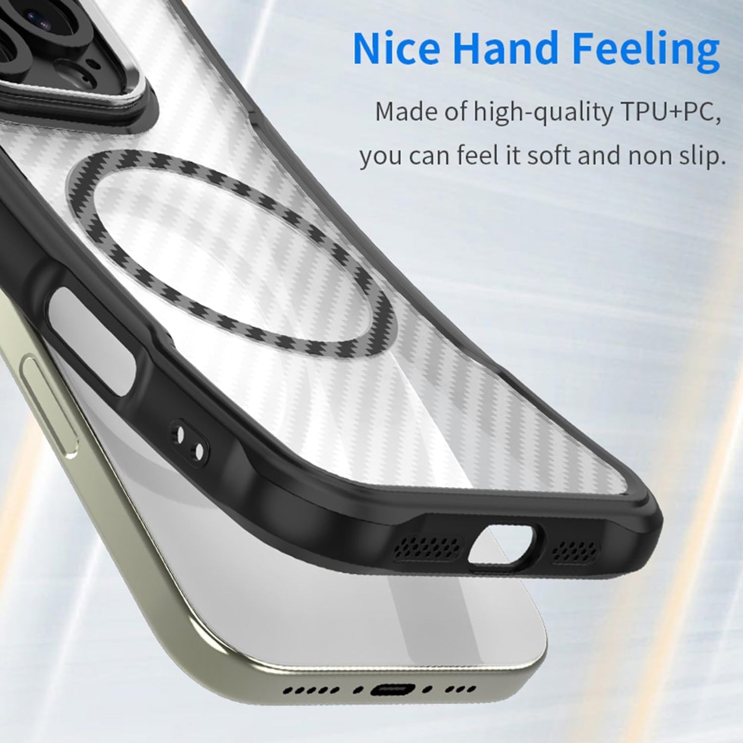 Magnetic carbon fibre case for iPhone 15 Plus, support wireless charging, carbon fibre shockproof slim case Black