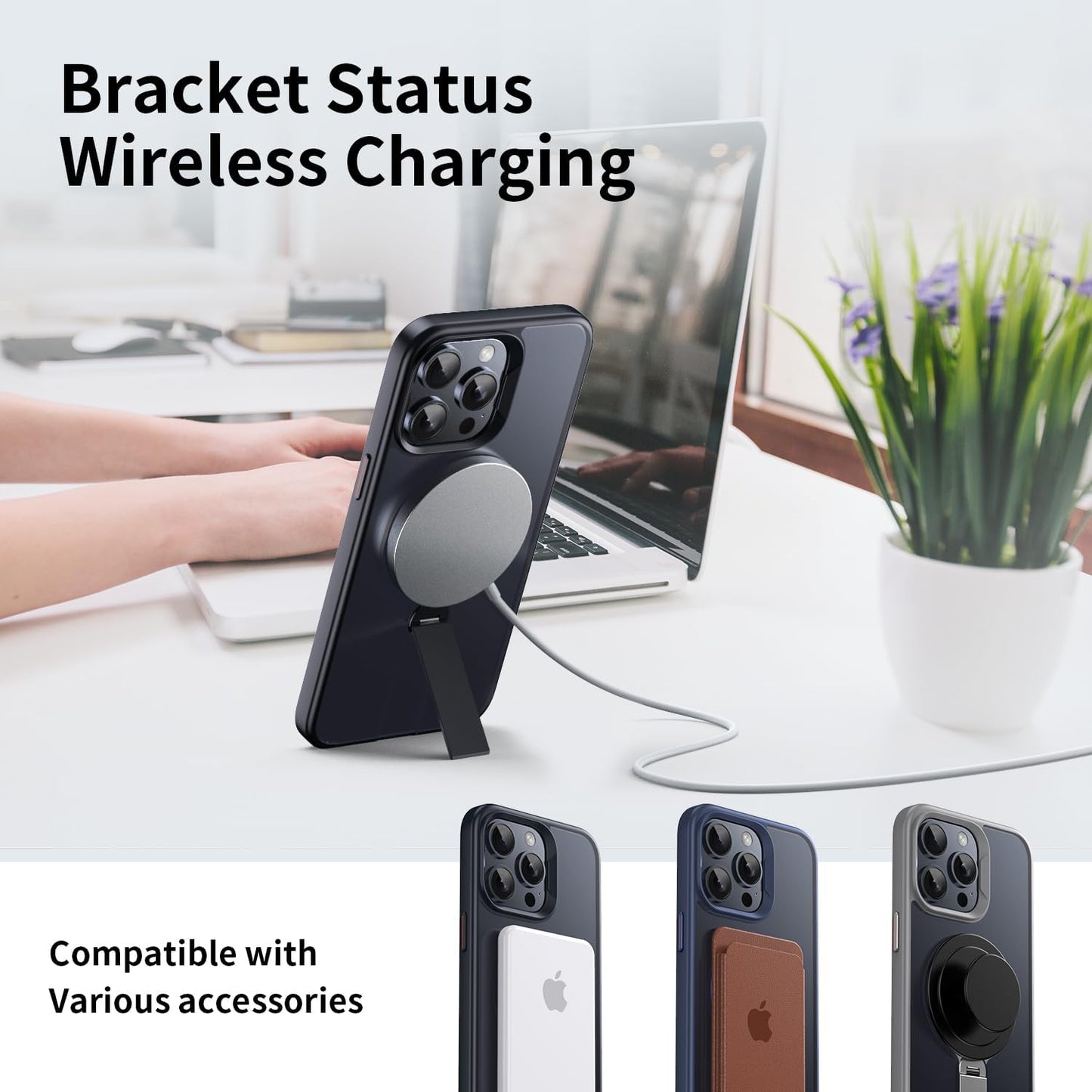 Magnetic phone case for iPhone 15 Pro max, supports wireless charging, 360° rotating invisible bracket, military-grade anti-drop protection Black