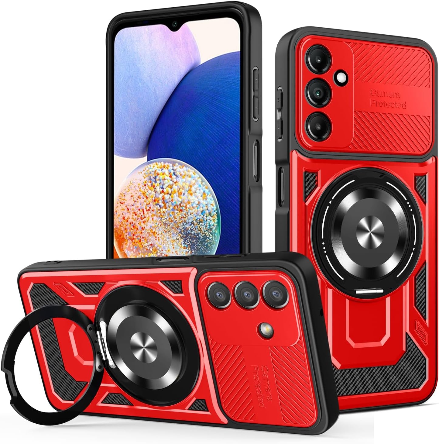 iTape Hard Plated PC Armor Cover for Samsung Galaxy A14 with 360° Rotating Metal Ring Strong Magnetic Car Mount Phone Case Support wireless charging Purple