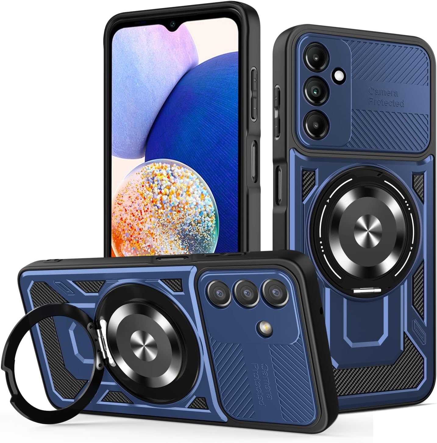 iTape Hard Plated PC Armor Cover for Samsung Galaxy A14 with 360° Rotating Metal Ring Strong Magnetic Car Mount Phone Case Support wireless charging Purple