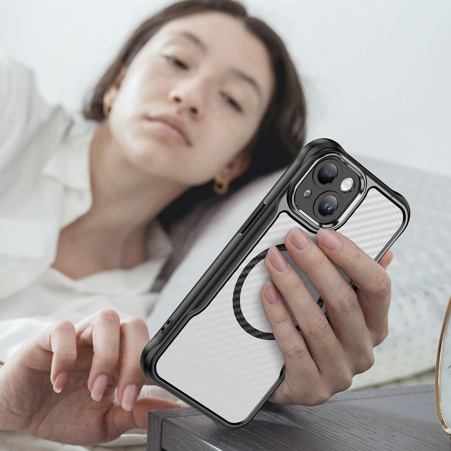 Magnetic carbon fibre case for iPhone 13, support wireless charging, carbon fibre shockproof slim case Purple