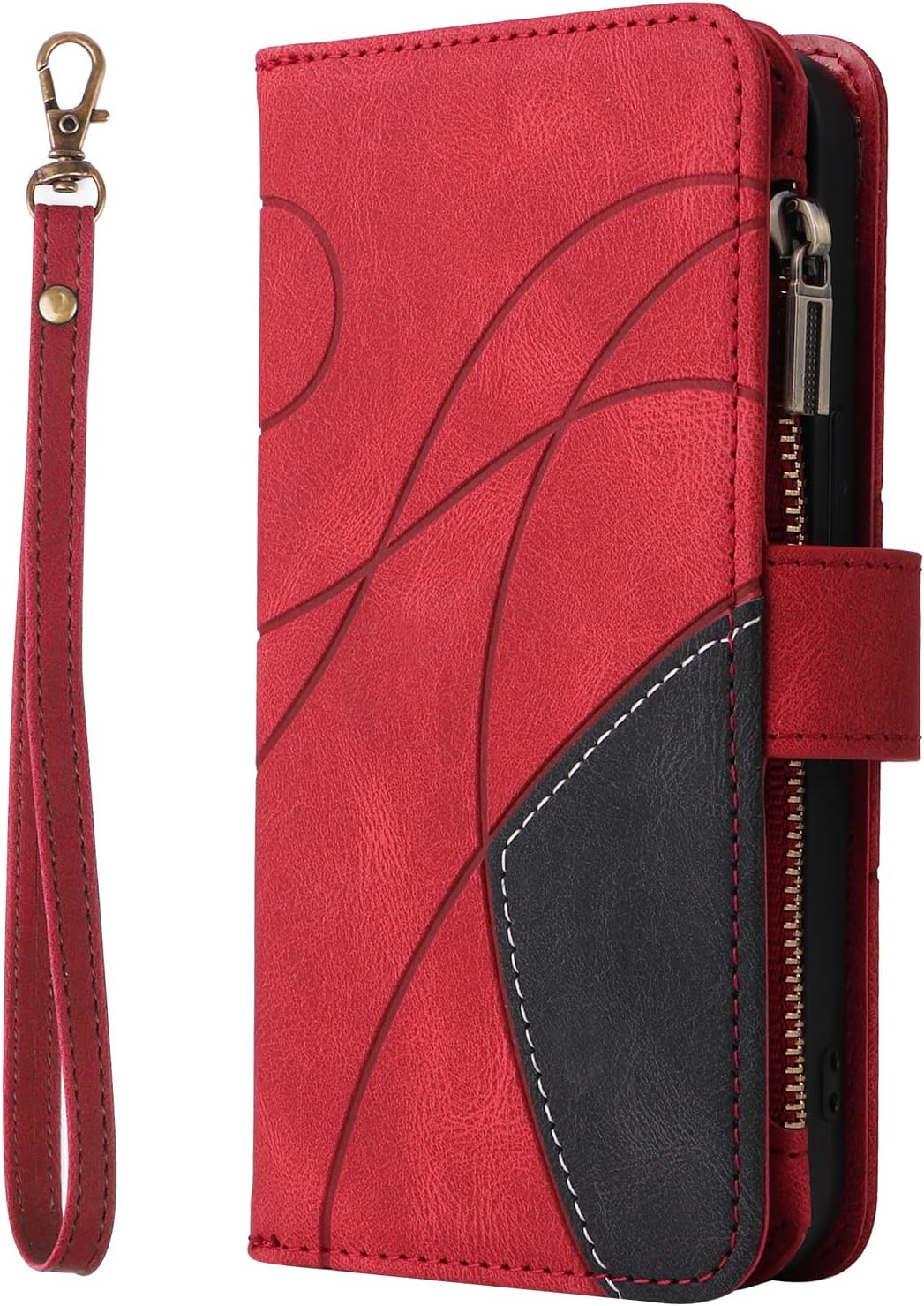 iTape 9 Card Slots Phone Case for Xiaomi POCO X6 PRO 5G, Zipper Wallet, Dual Color Stitching Color Flip Stand Card Slots Cash Clip Shockproof, Wrist Strap Black