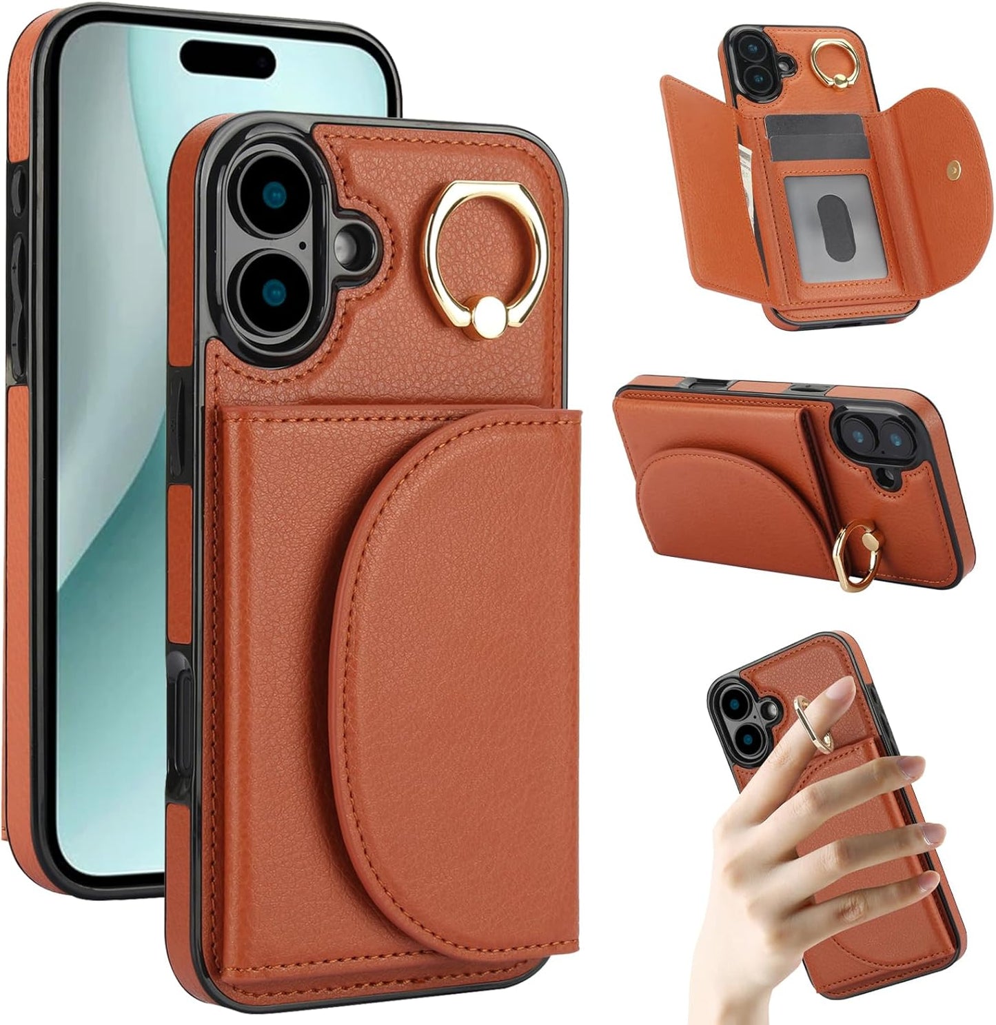 Tri-fold wallet case for iPhone 16 Plus, 360° rotating ring buckle stand, shockproof phone case coin purse card holder Black