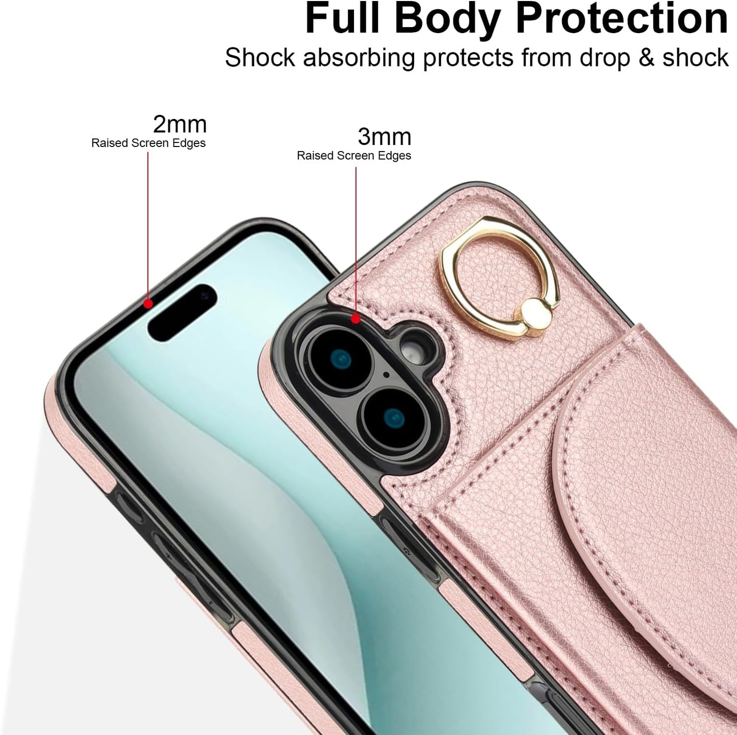 Tri-fold wallet case for iPhone 16 Plus, 360° rotating ring buckle stand, shockproof phone case coin purse card holder Black