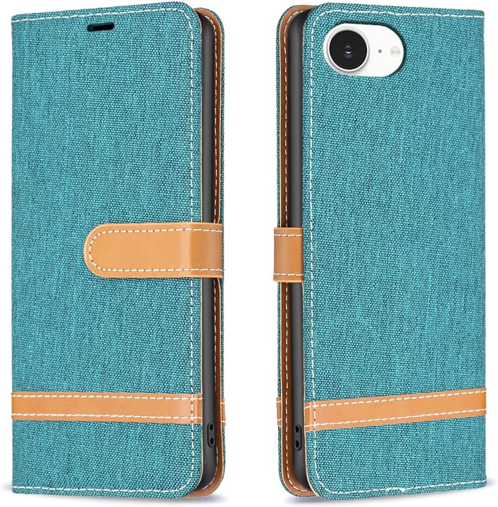 Colorblock Denim Wallet Phone Case for iPhone 16E, Wallet Phone Case Flip Stand, Credit Card Slot Wallet Wrist strap Green