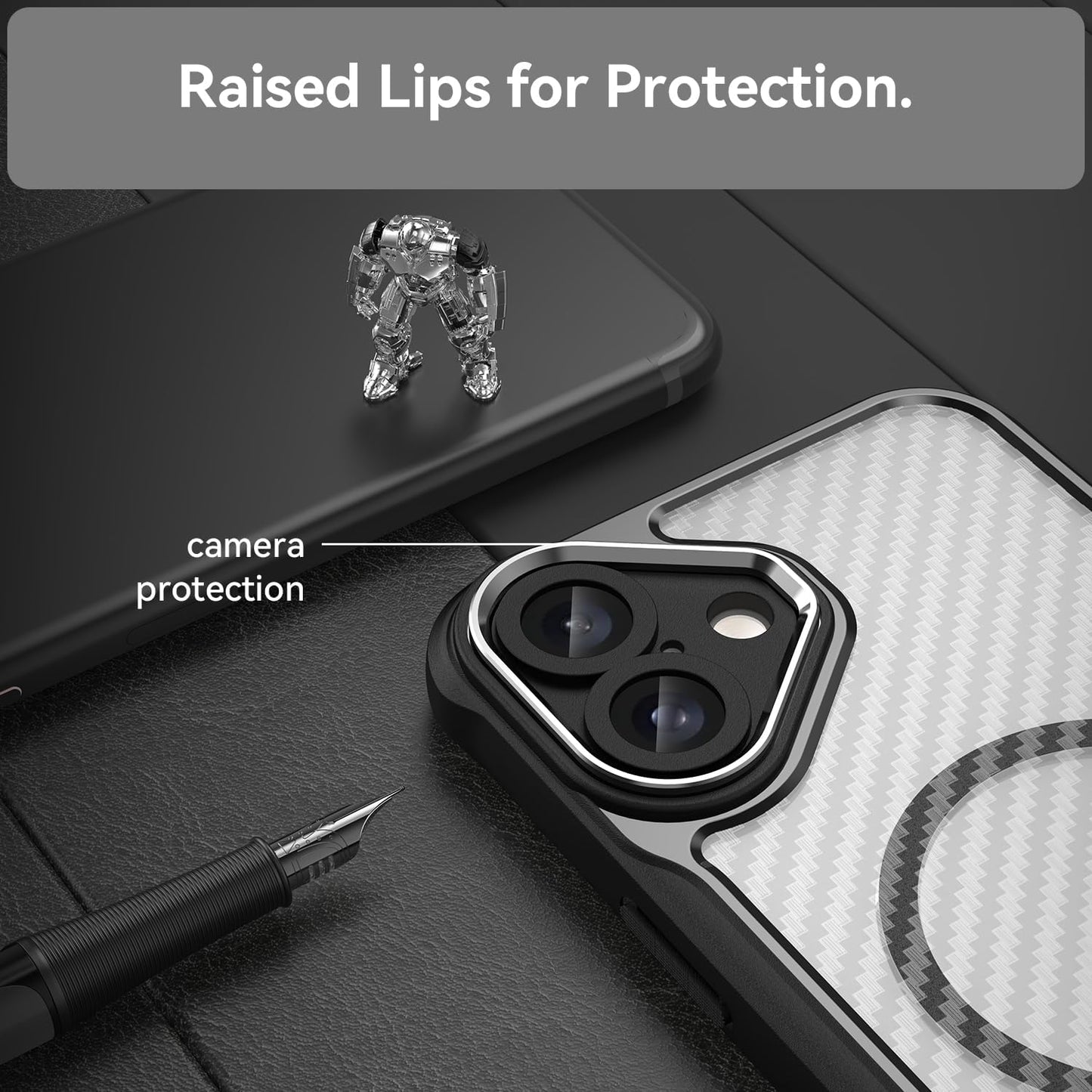 Magnetic carbon fibre case for iPhone 16 Plus, support wireless charging, carbon fibre shockproof slim case Black