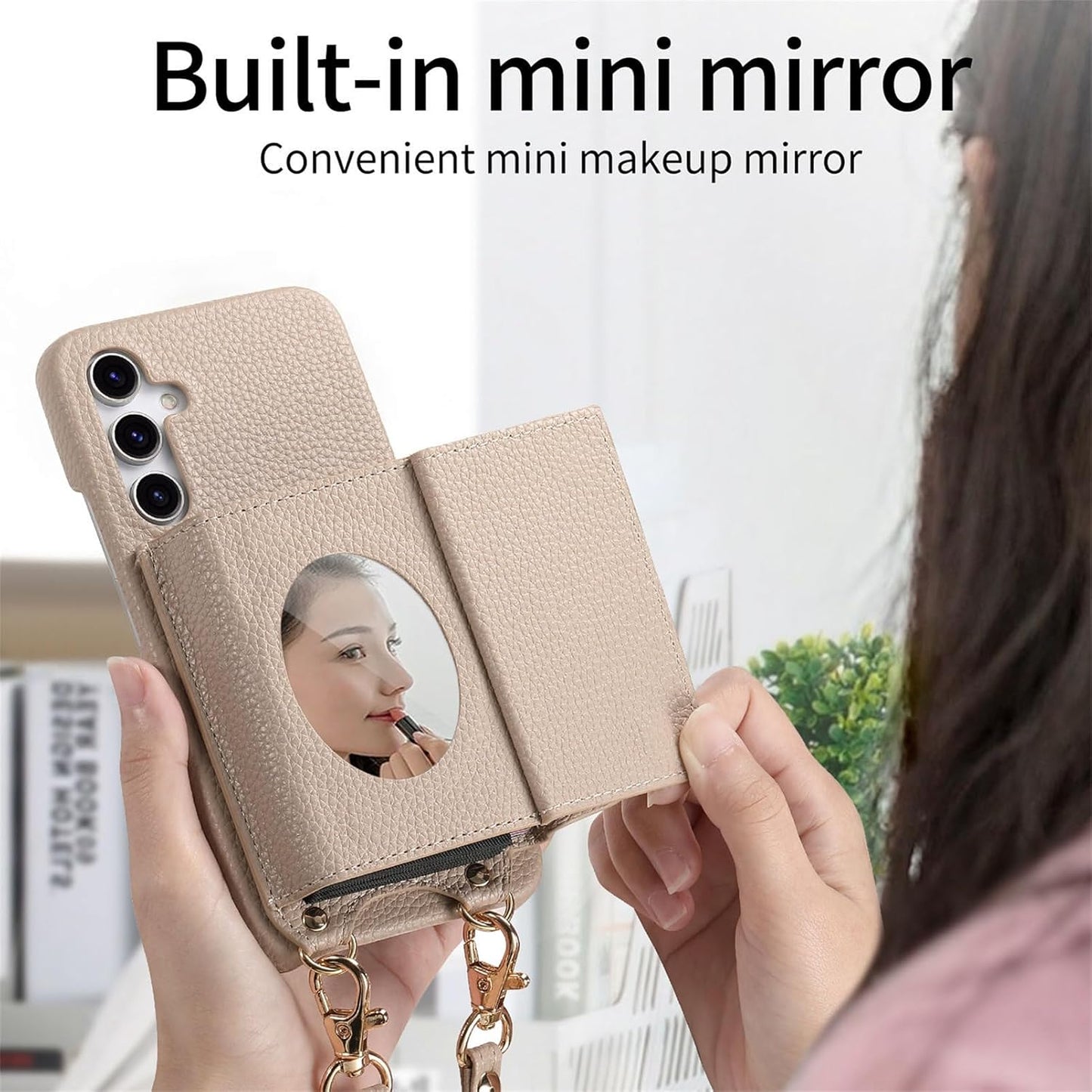iTape Card Holder Wallet Phone Case for Samsung Galaxy A55, Shockproof Ultra-thin Phone Case, Makeup Mirror with Crossbody Strap Pink