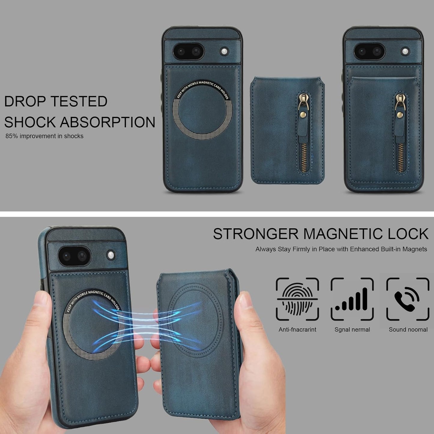 iTape Magnetic card holder phone case suitable for Google Pixel 8A, zipper magnetic split magnetic wallet with adjustable bracket Black