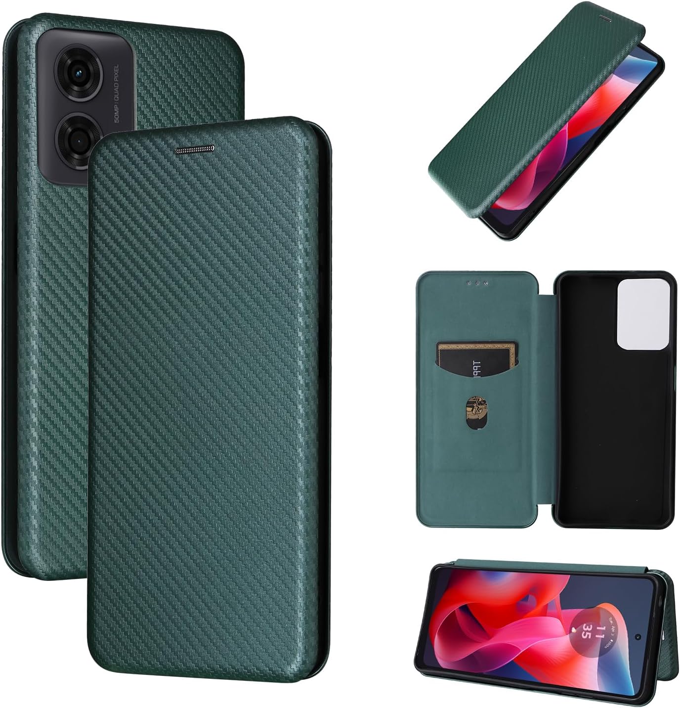 iTape Carbon fiber phone case for Motorola Moto G 04. Magnetic flip phone case, credit card slot, wallet case, shockproof and drop-proof Green