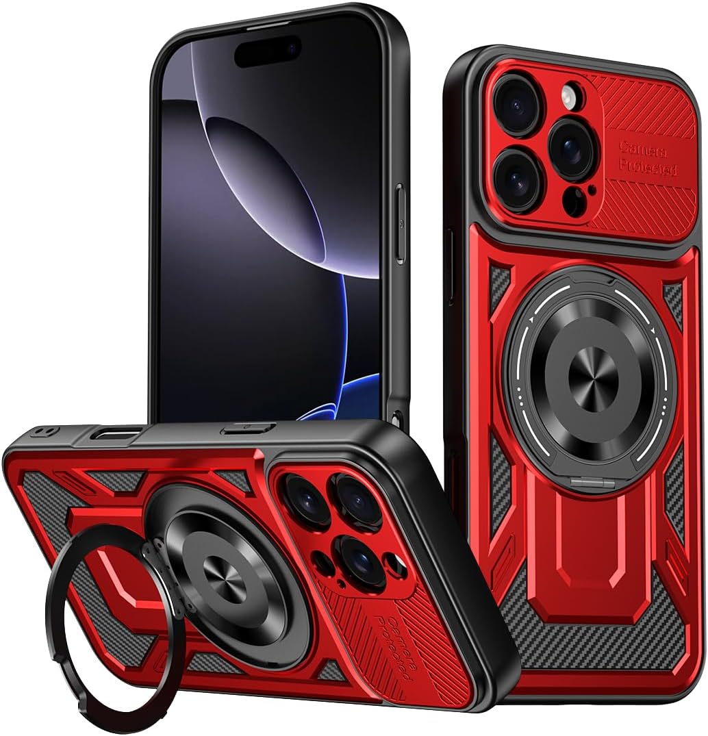 Hard Plated PC Armor Cover for iPhone 16 Pro max with 360° Rotating Metal Ring Strong Magnetic Car Mount Phone Case Support wireless charging Gray