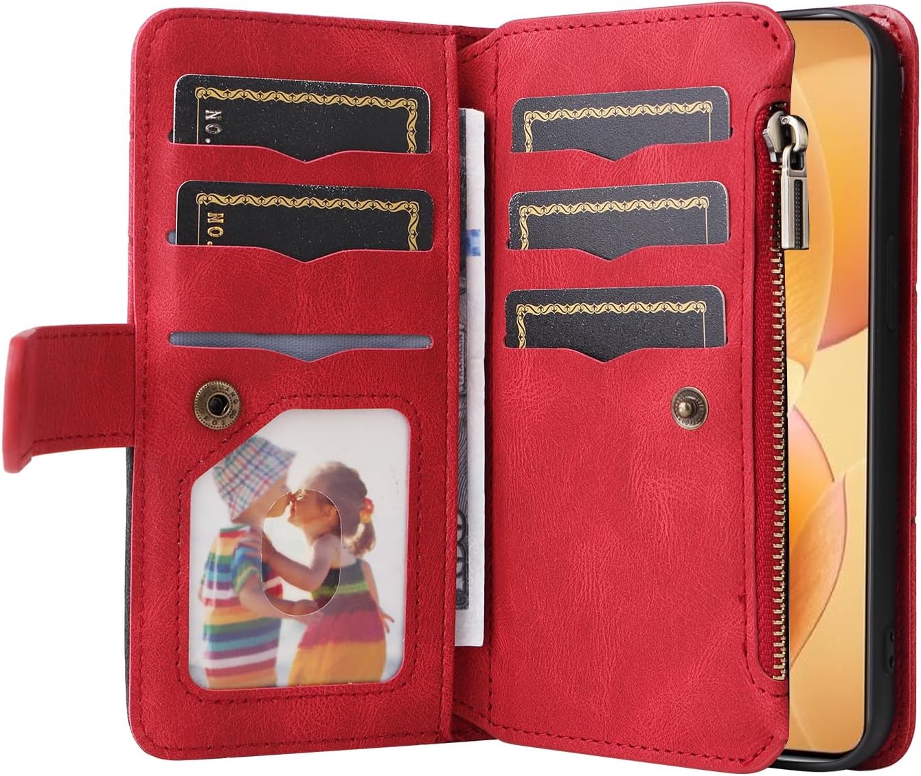 iTape 9 Card Slots Phone Case for Xiaomi POCO X6 PRO 5G, Zipper Wallet, Dual Color Stitching Color Flip Stand Card Slots Cash Clip Shockproof, Wrist Strap Black