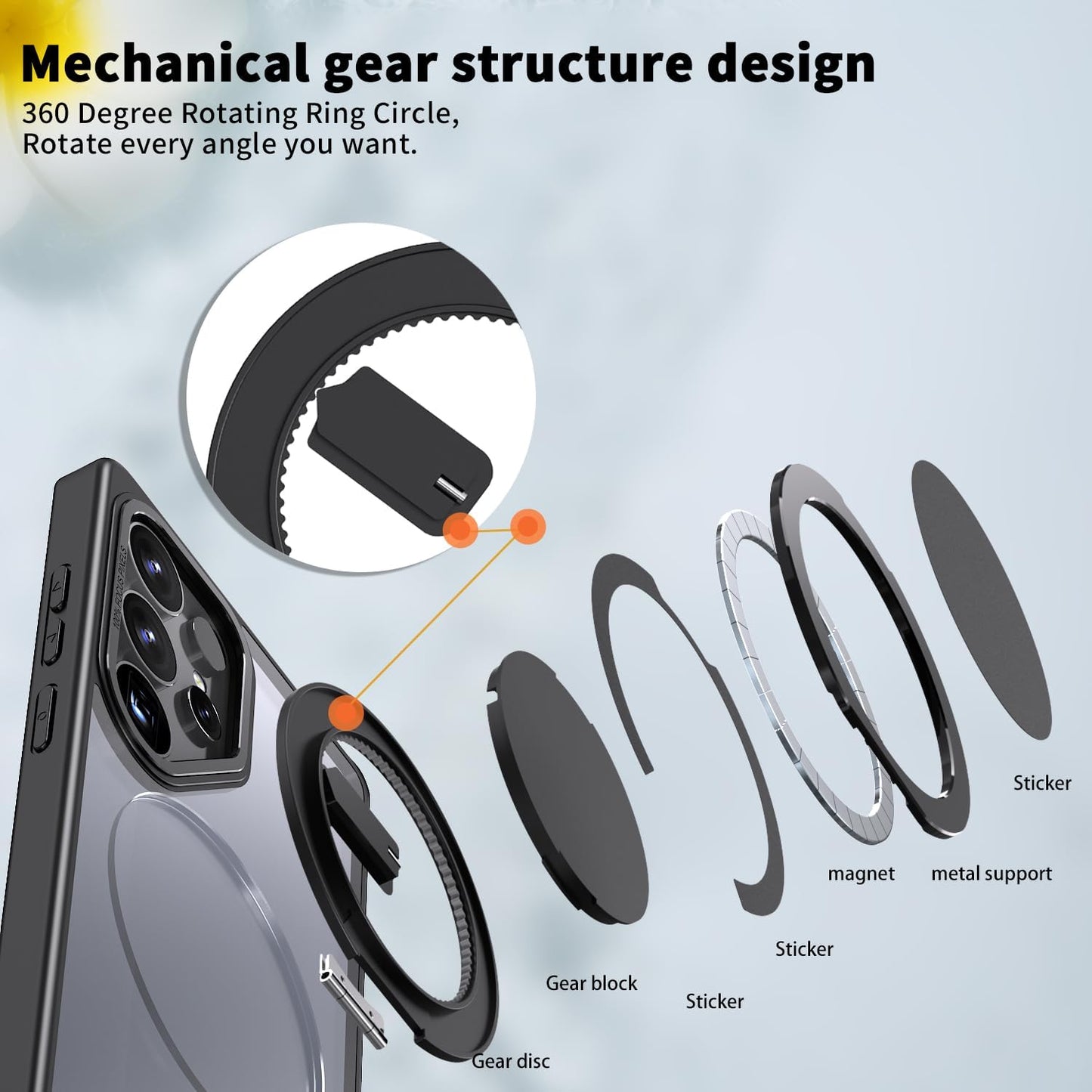 iTape Magnetic phone case for Samsung Galaxy S25 Ultra, mechanical gear 360° rotating bracket supports wireless charging, shockproof ultra-thin shell Gray