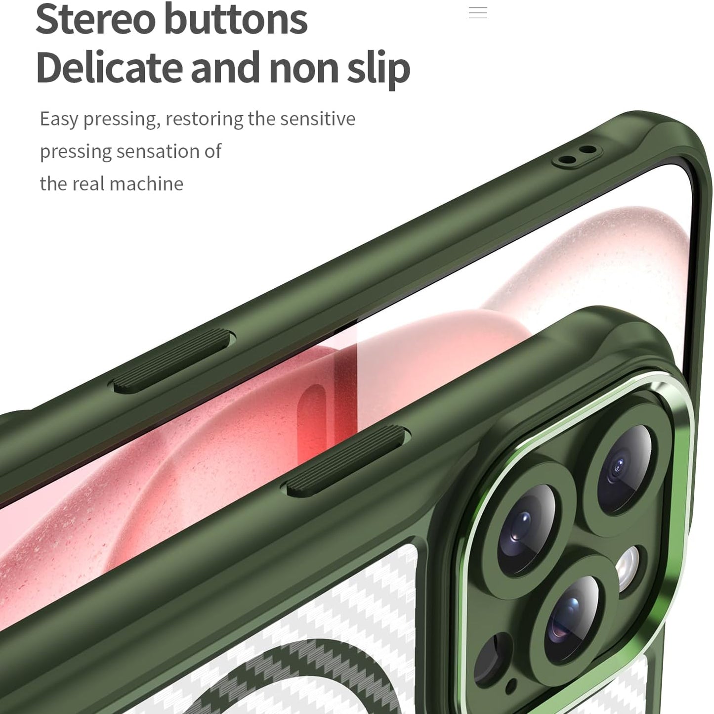 Magnetic carbon fibre case for iPhone 15 Pro max, support wireless charging, carbon fibre shockproof slim case Green