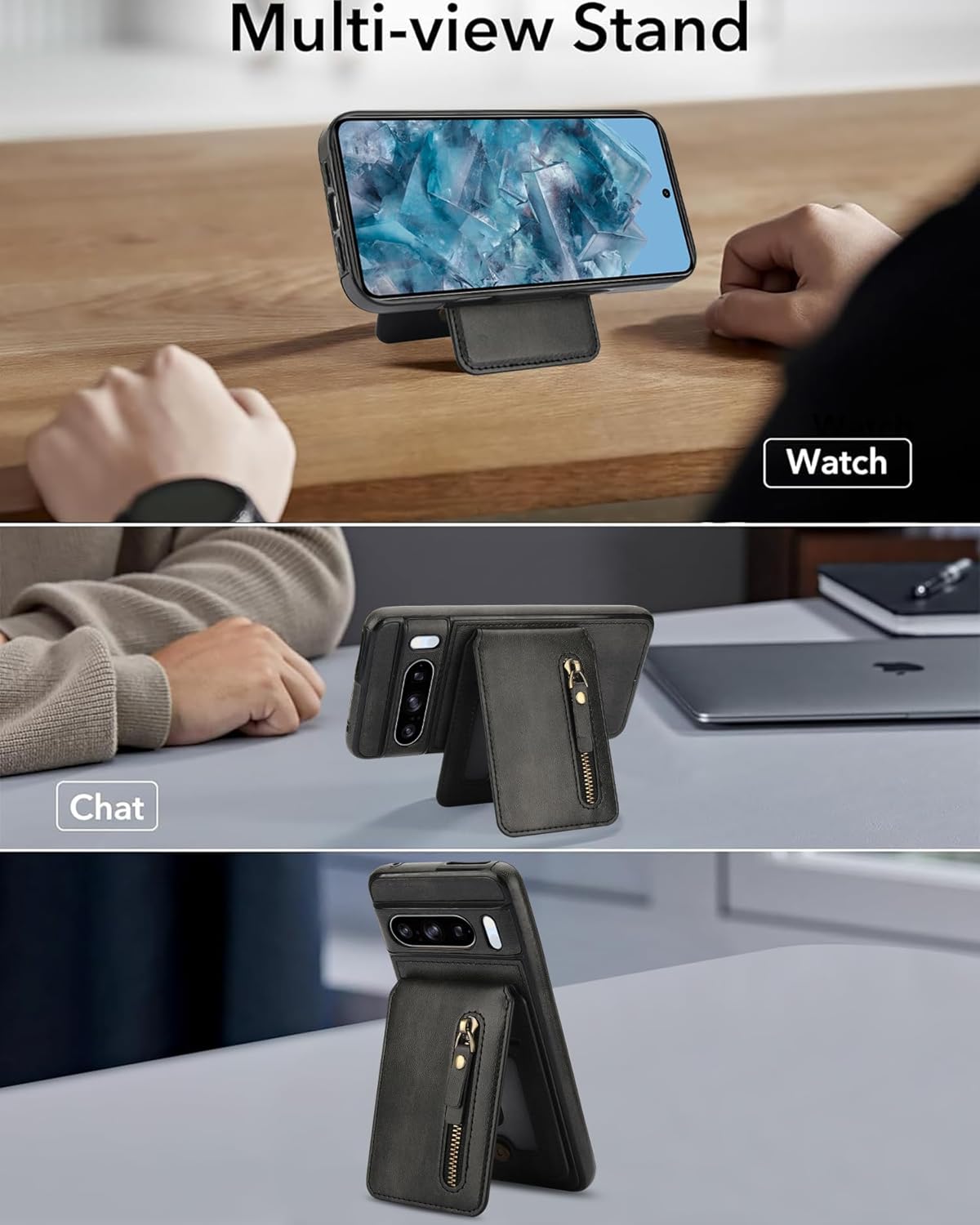 iTape Magnetic card holder phone case suitable for Google Pixel 8 Pro, zipper magnetic split magnetic wallet with adjustable bracket Brown