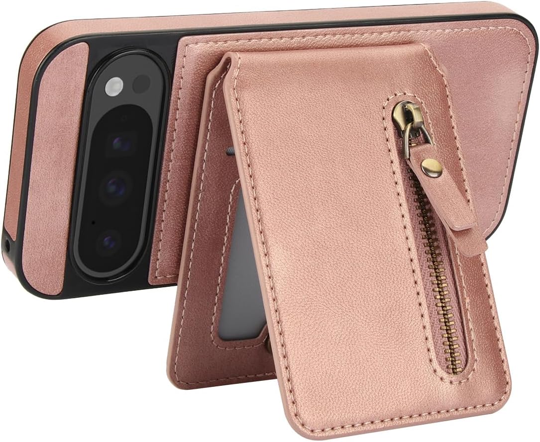 iTape Magnetic card holder phone case suitable for Google Pixel 9, zipper magnetic split magnetic wallet with adjustable bracket Purple
