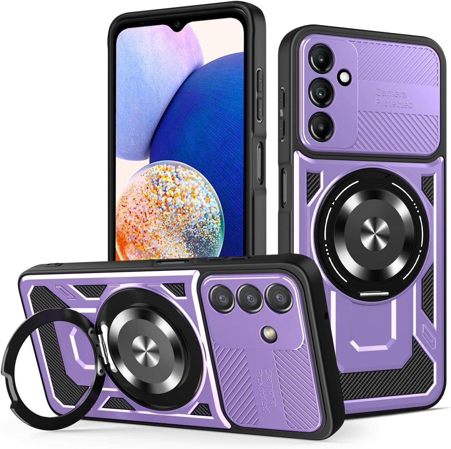 iTape Hard Plated PC Armor Cover for Samsung Galaxy A14 with 360° Rotating Metal Ring Strong Magnetic Car Mount Phone Case Support wireless charging Purple