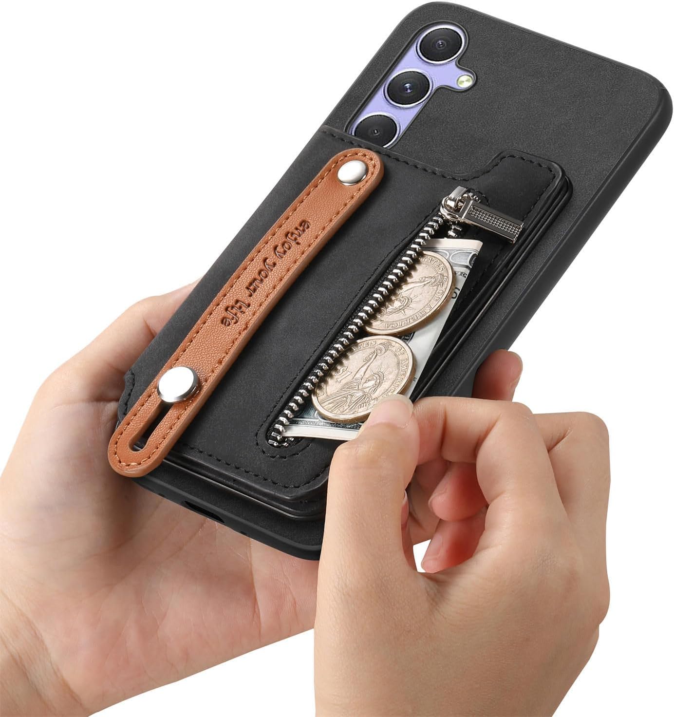 iTape Retro magnetic mobile phone case for Samsung Galaxy S25+, wireless charging magnetic car mount, Card slot, card holder, wrist strap bracket RFID anti-theft card Orange