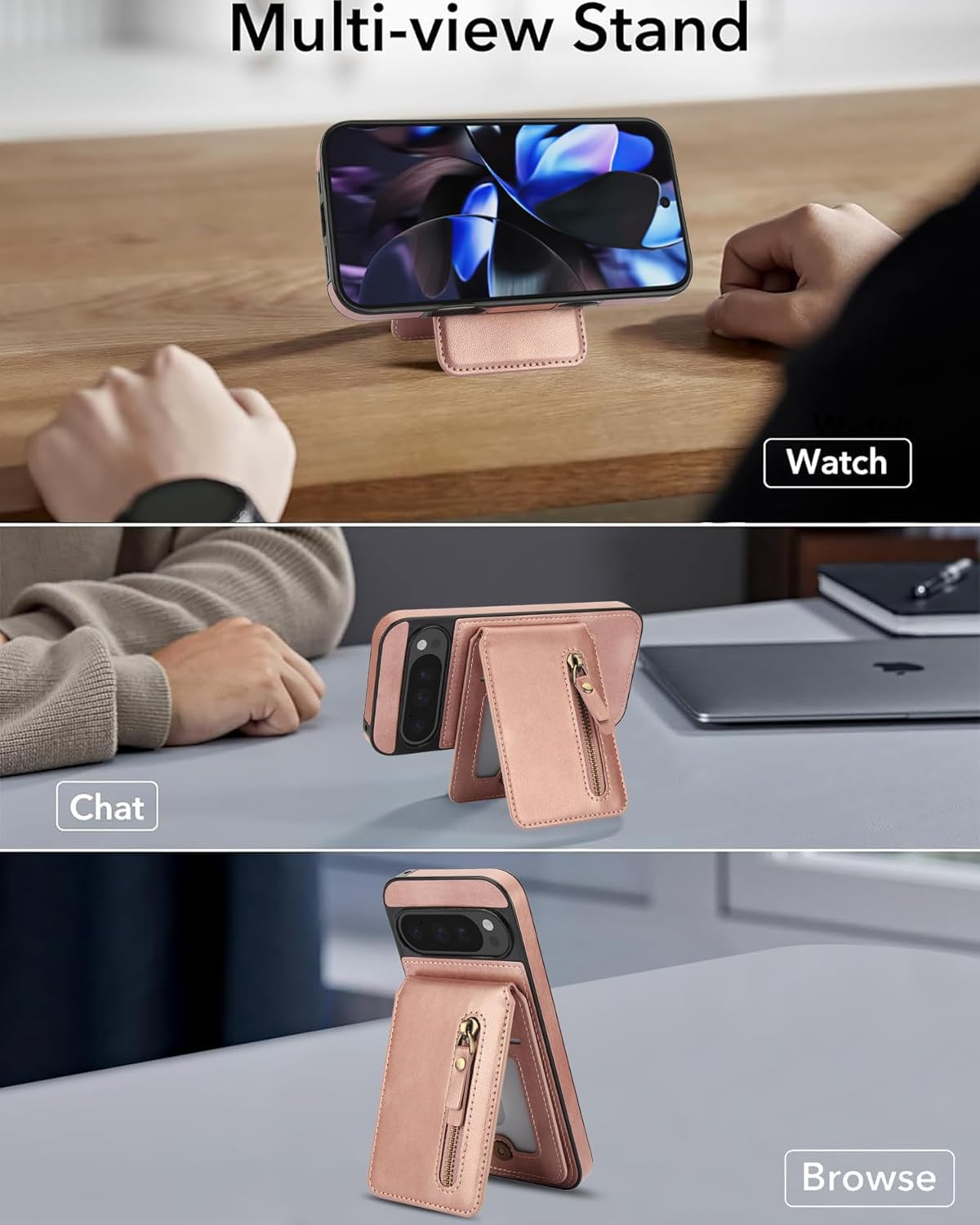 iTape Magnetic card holder phone case suitable for Google Pixel 9, zipper magnetic split magnetic wallet with adjustable bracket Purple