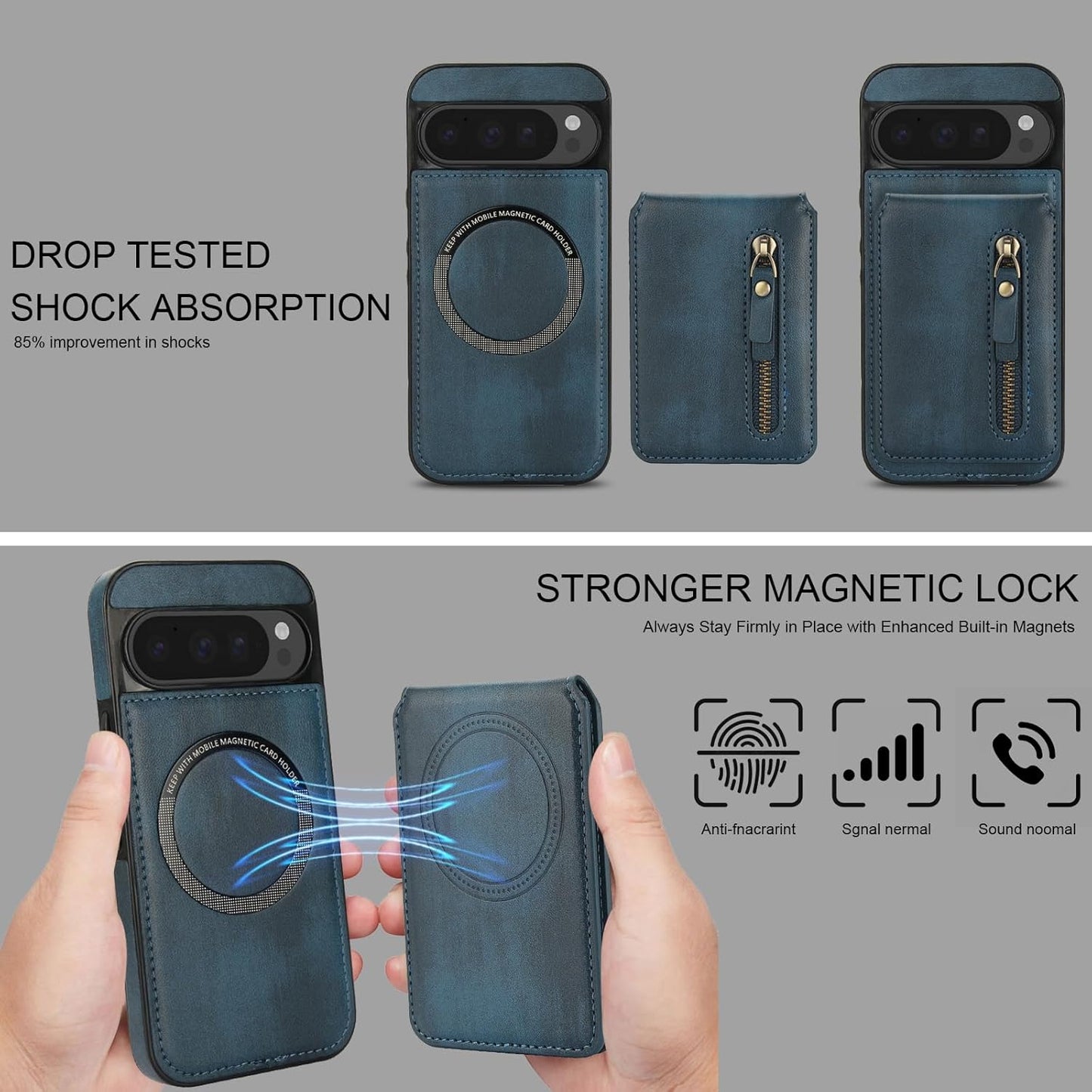 iTape Magnetic card holder phone case suitable for Google Pixel 9, zipper magnetic split magnetic wallet with adjustable bracket Purple
