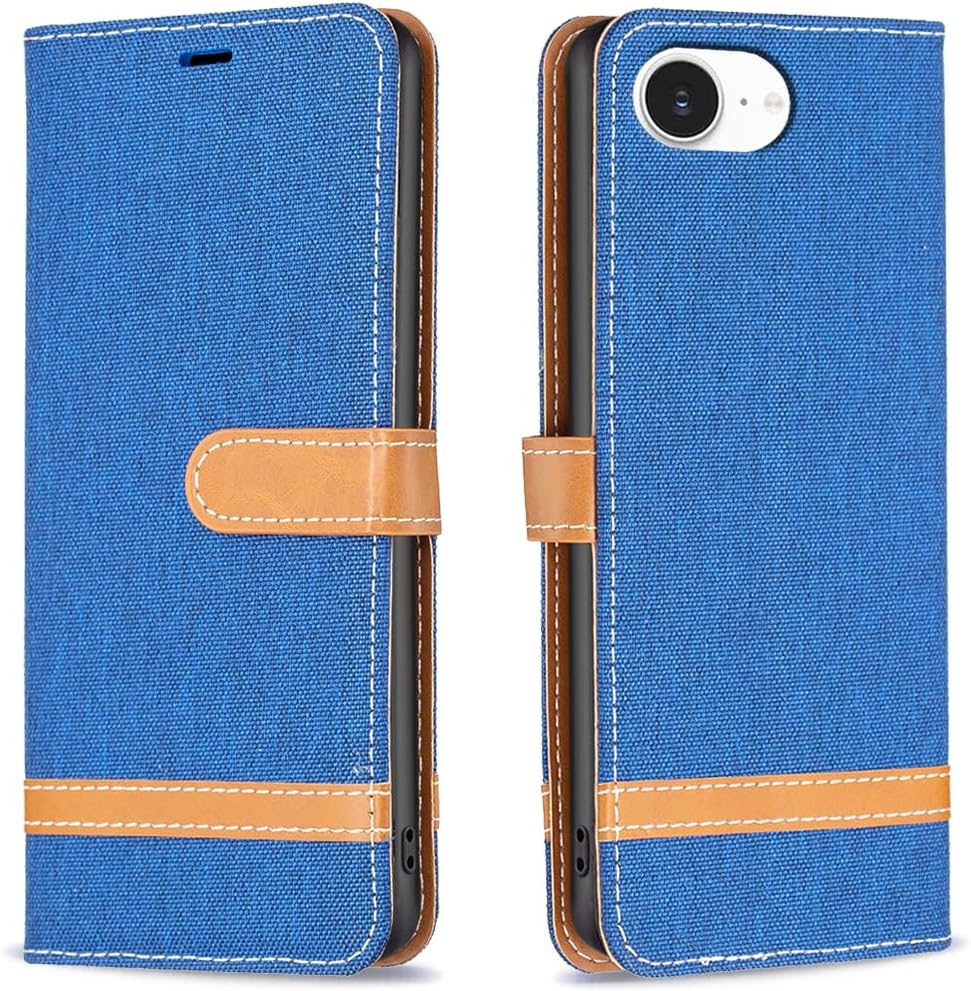 Colorblock Denim Wallet Phone Case for iPhone 16E, Wallet Phone Case Flip Stand, Credit Card Slot Wallet Wrist strap Green