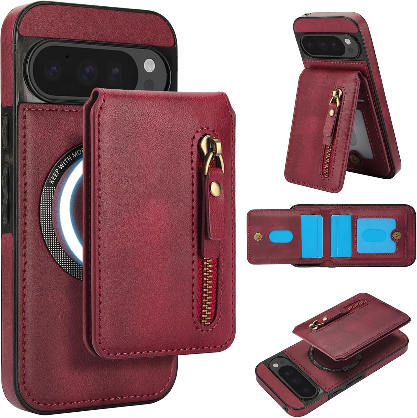 iTape Magnetic card holder phone case suitable for Google Pixel 9, zipper magnetic split magnetic wallet with adjustable bracket Purple