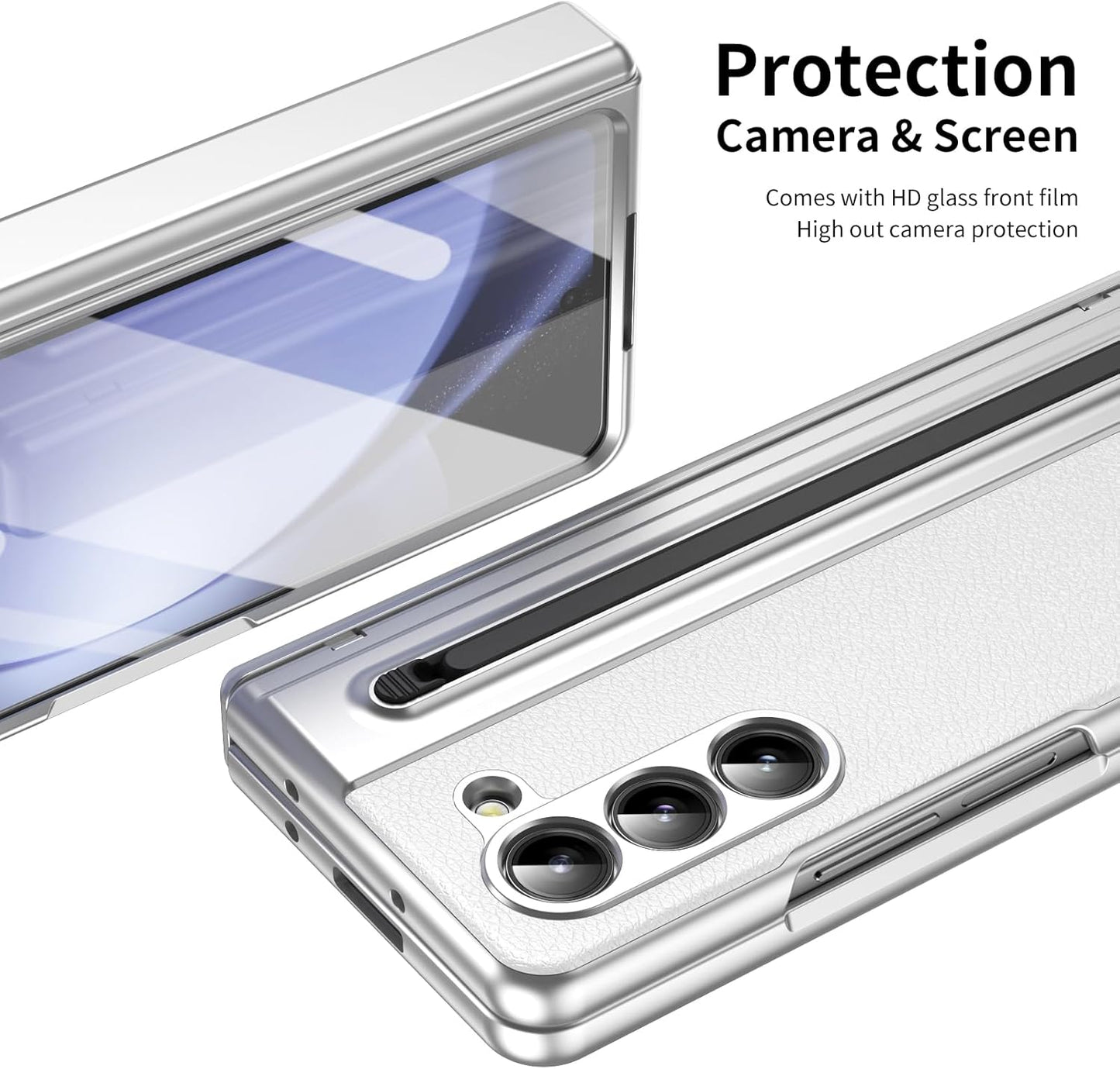 Lightweight phone case for Samsung Galaxy Z Fold5, hinged case supports wireless charging with lens protection, screen protector, complimentary stylus, drop-proof and fingerprint resistant
