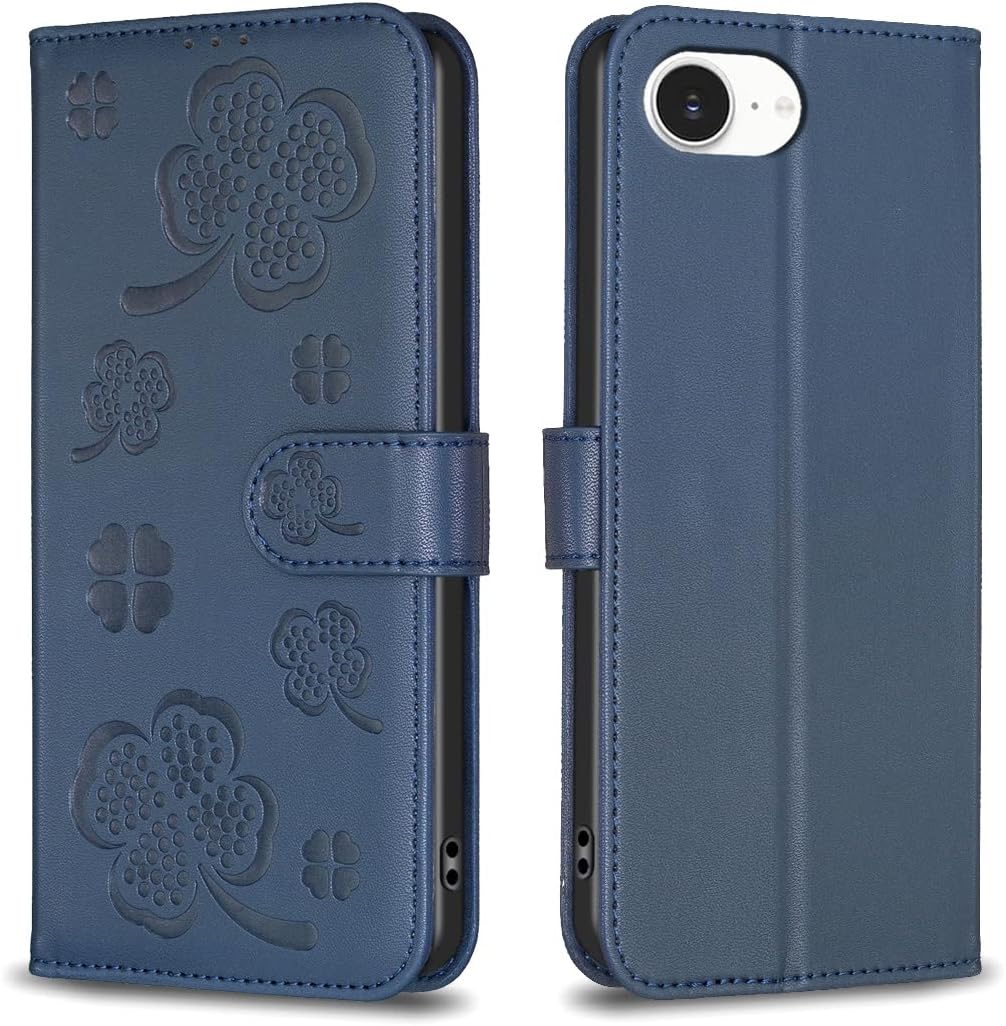 Wallet Leather Case for iPhone 16E, Embossed Four Leaf Clover Design, Magnetic Snap Wallet Case, Flip Shockproof Case Pink