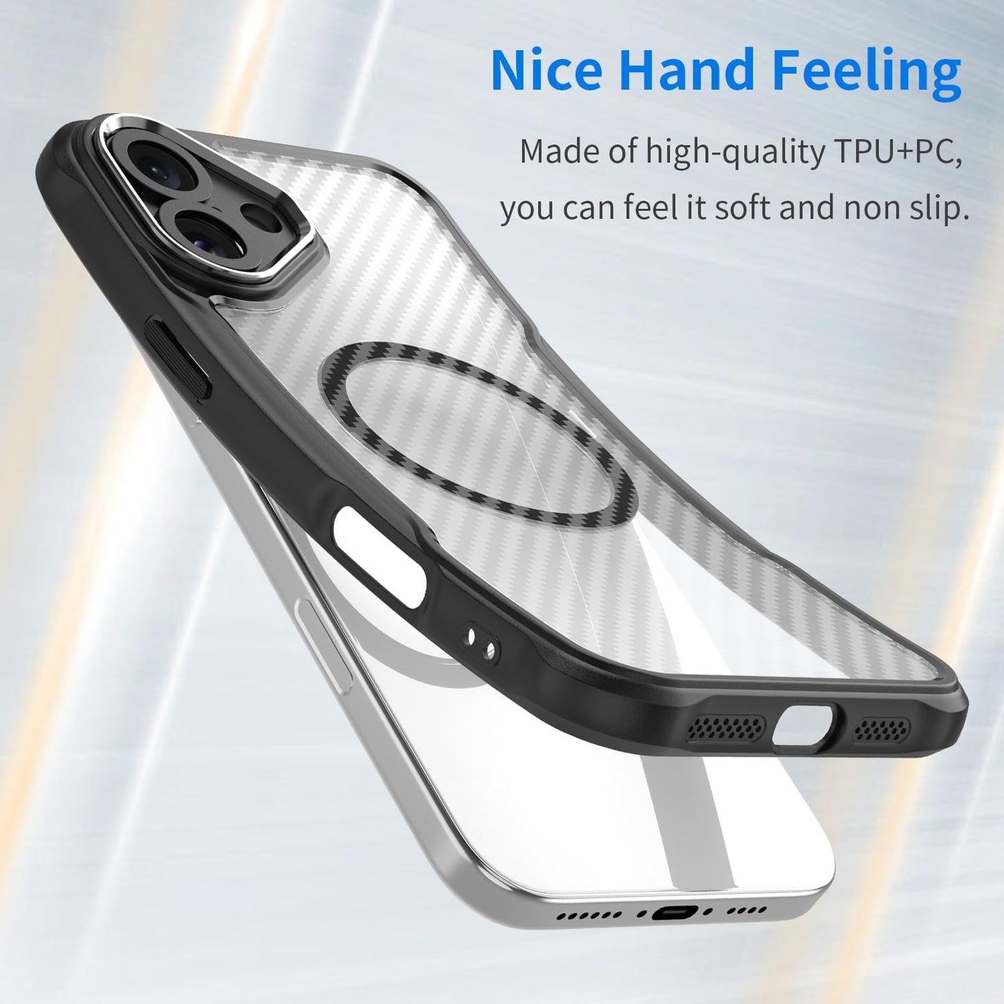 Magnetic carbon fibre case for iPhone 16 Plus, support wireless charging, carbon fibre shockproof slim case Black