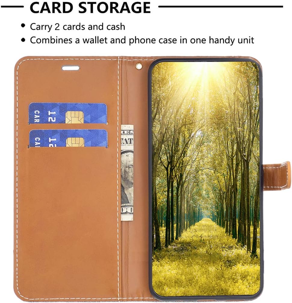 Colorblock Denim Wallet Phone Case for iPhone 16E, Wallet Phone Case Flip Stand, Credit Card Slot Wallet Wrist strap Green