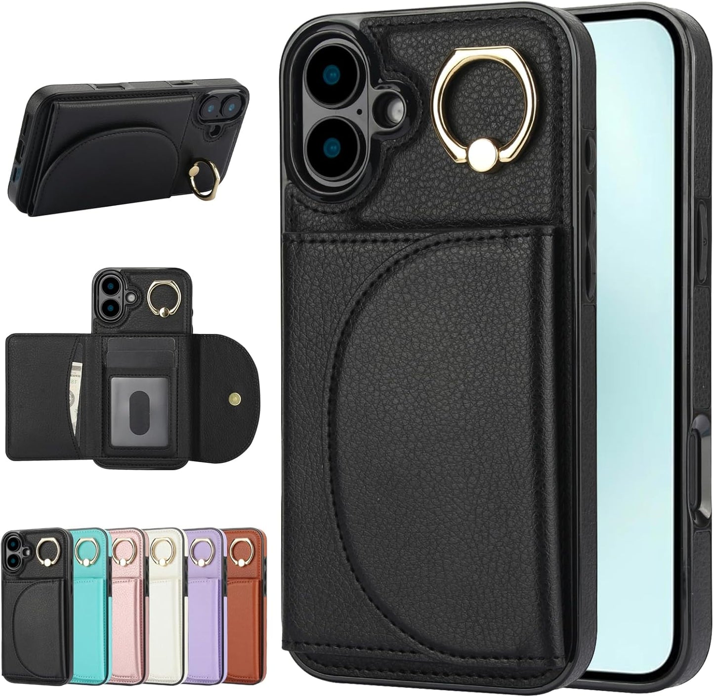 Tri-fold wallet case for iPhone 16 Plus, 360° rotating ring buckle stand, shockproof phone case coin purse card holder Black
